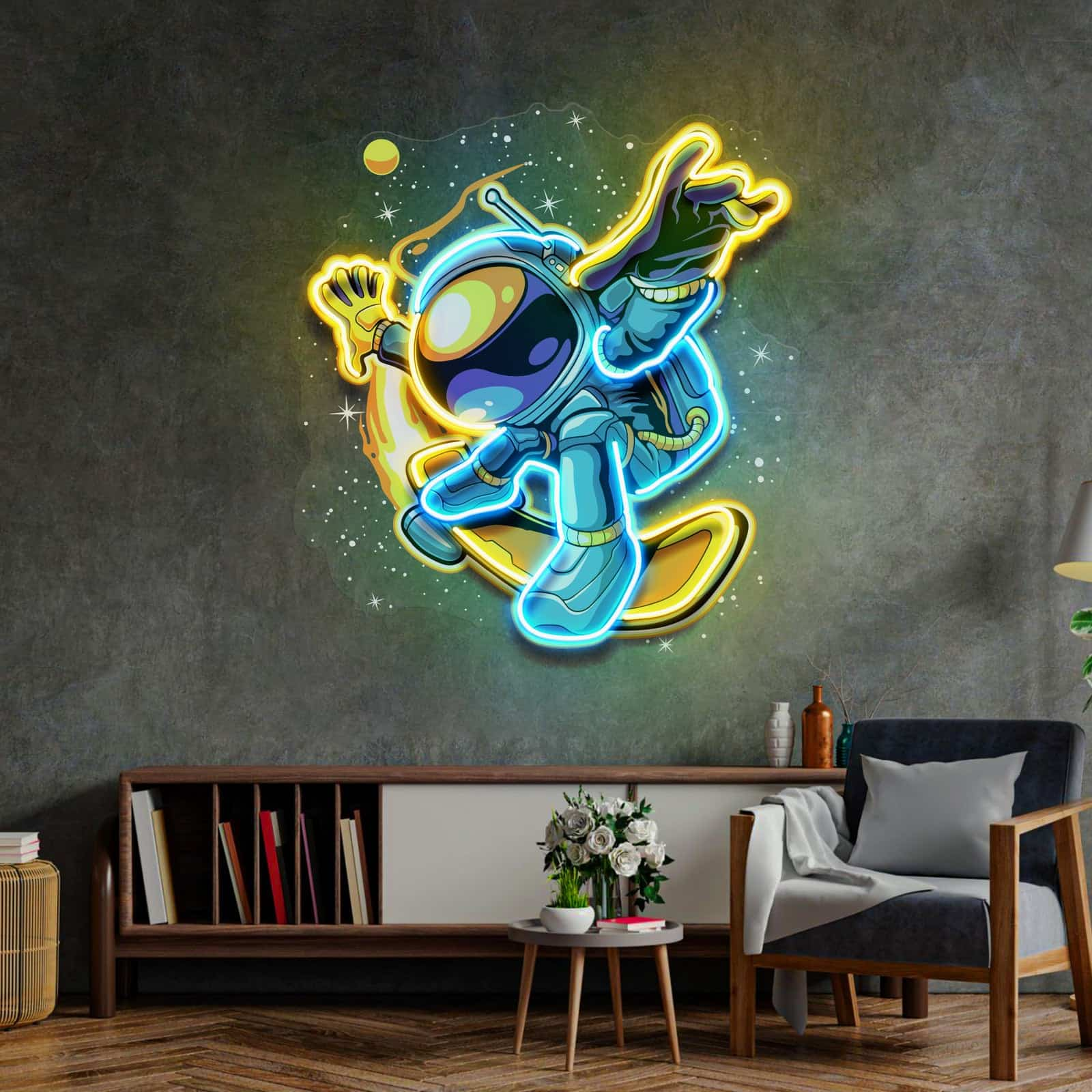 Cartoon Astronaut Neon Sign – Vibrant Yellow, Blue & Green LED Art for Kids' Rooms, Play Areas, and Themed Decor