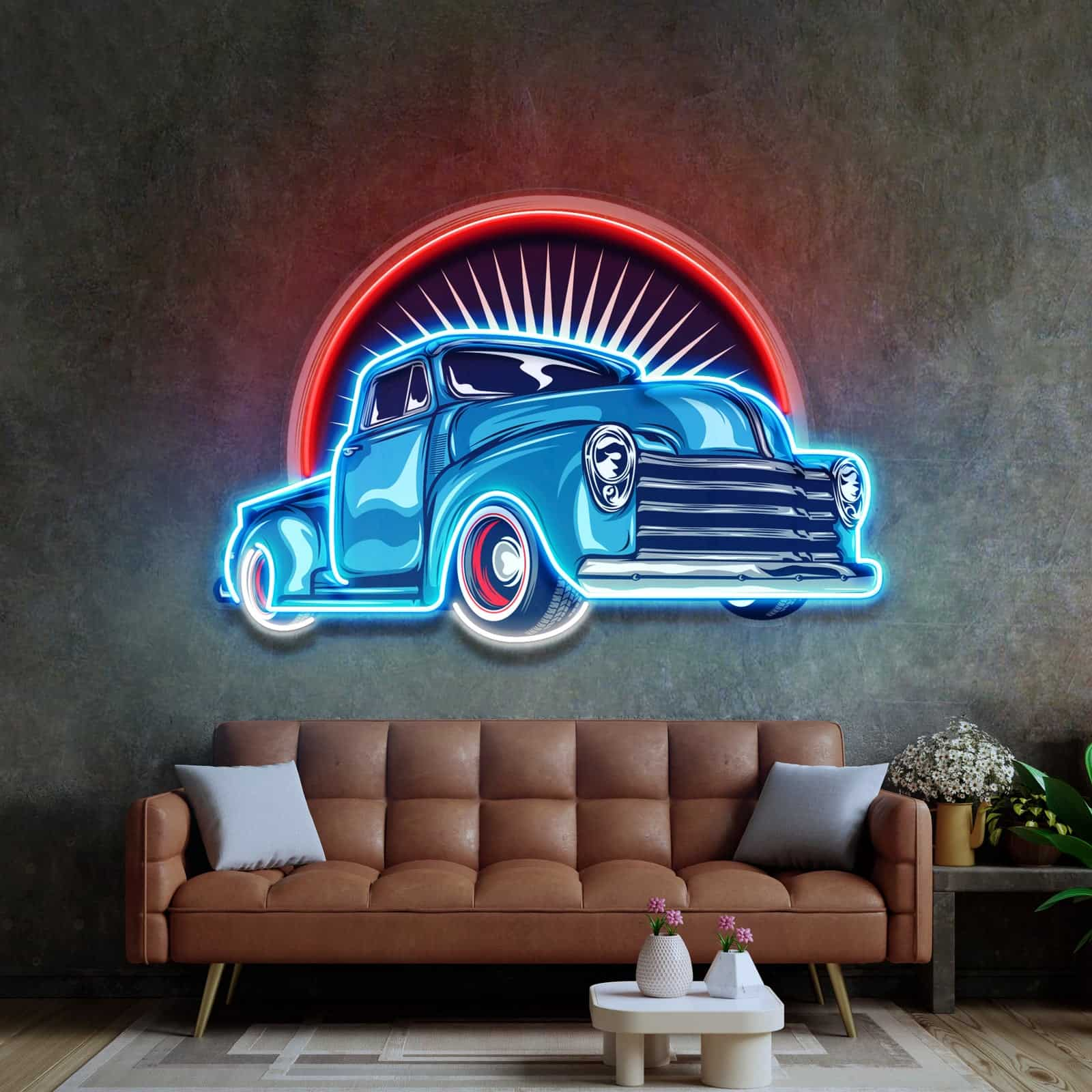 Retro Blue Truck Neon Sign, Classic Sunburst Backdrop – Perfect for Garages, Man Caves, Bars, and Living Rooms