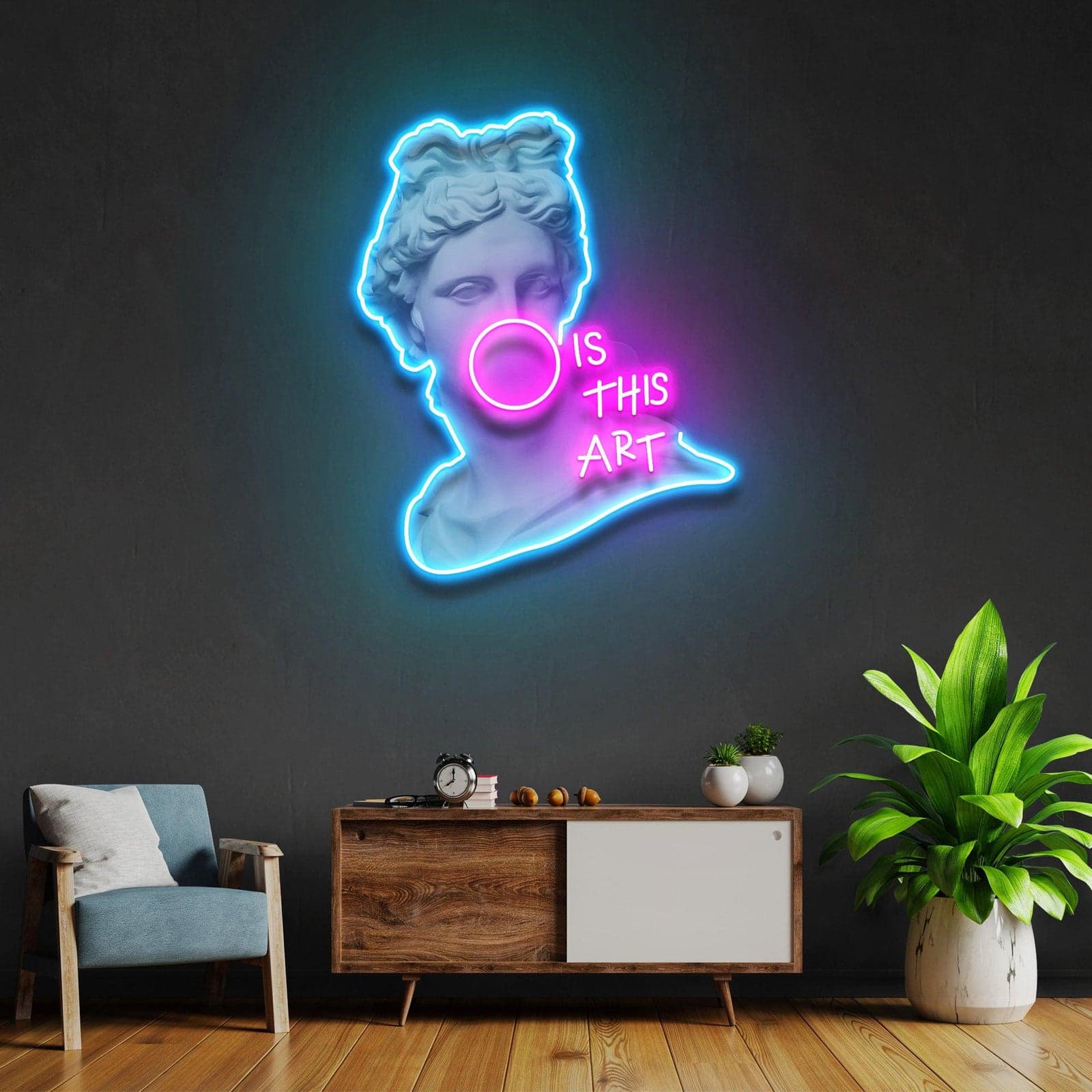 Contemporary Art Neon Sign, Classical Bust with Bubblegum and 'Is This Art'