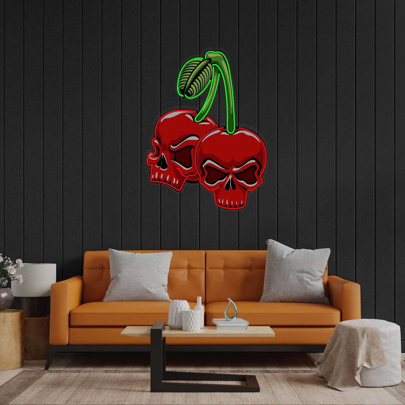 Edgy Cherry Skull Neon Sign Vibrant Red and Green Design Perfect for Bars Game Rooms Tattoo Parlors and Creative Studios