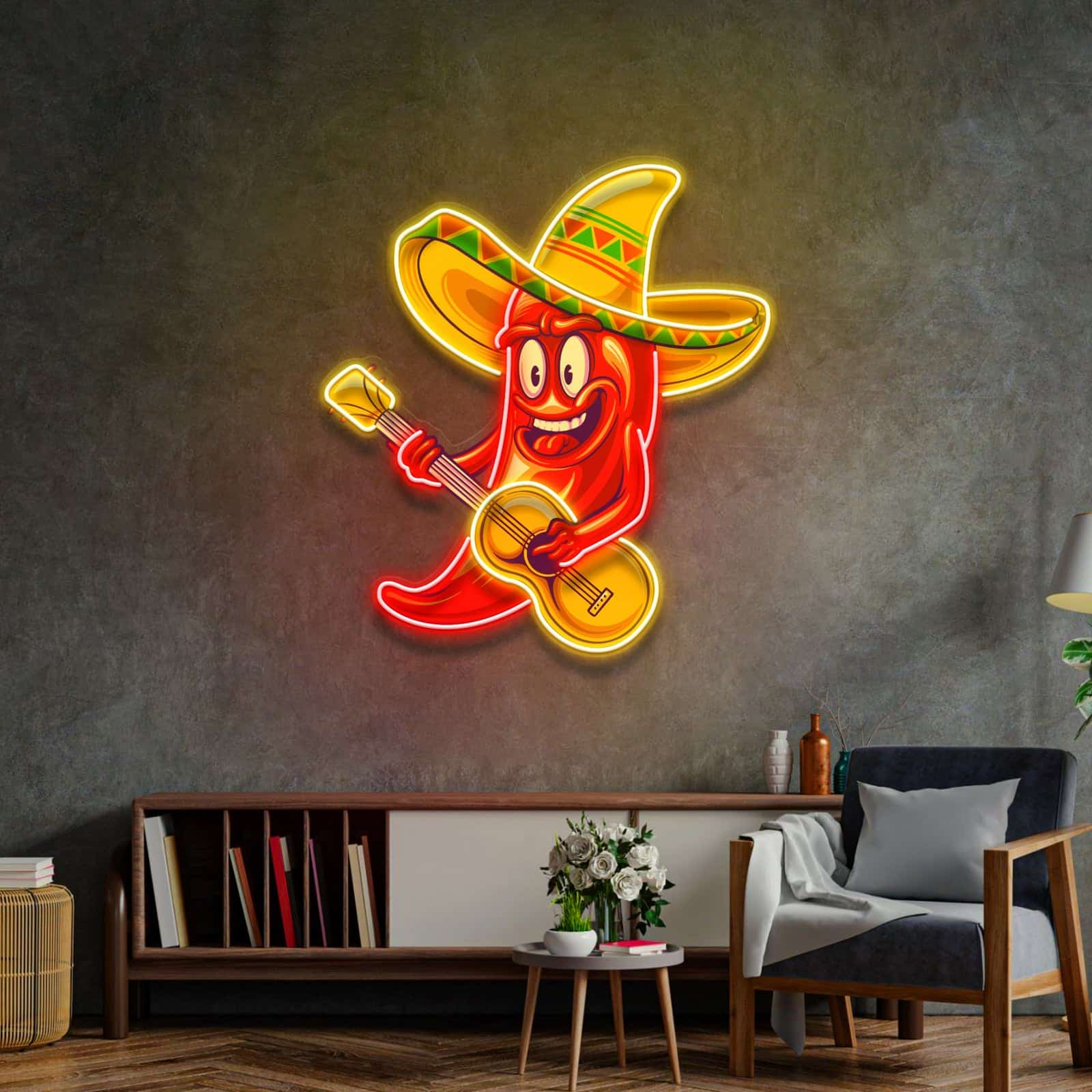 Whimsical Chili Pepper Guitar Neon Sign for Restaurants Bars and Kitchens