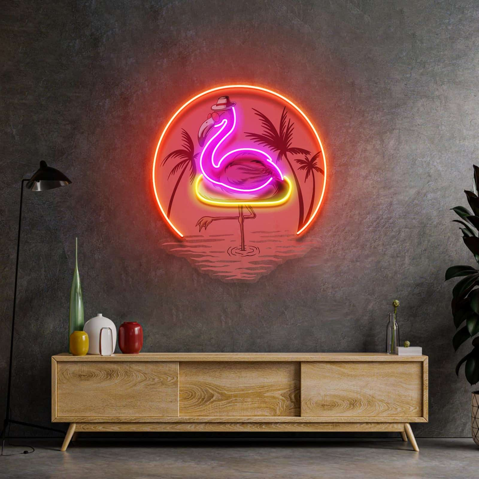 Tropical Flamingo Neon Sign with Sunset and Palm Trees for Bars and Patios