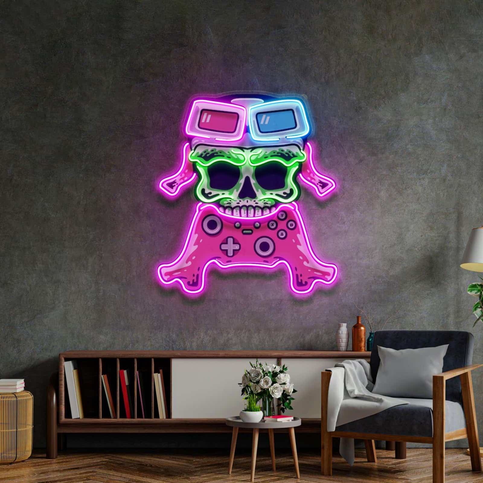 Gamer Skull Neon Sign Playful Design with Gaming Glasses and Controller for Game Rooms