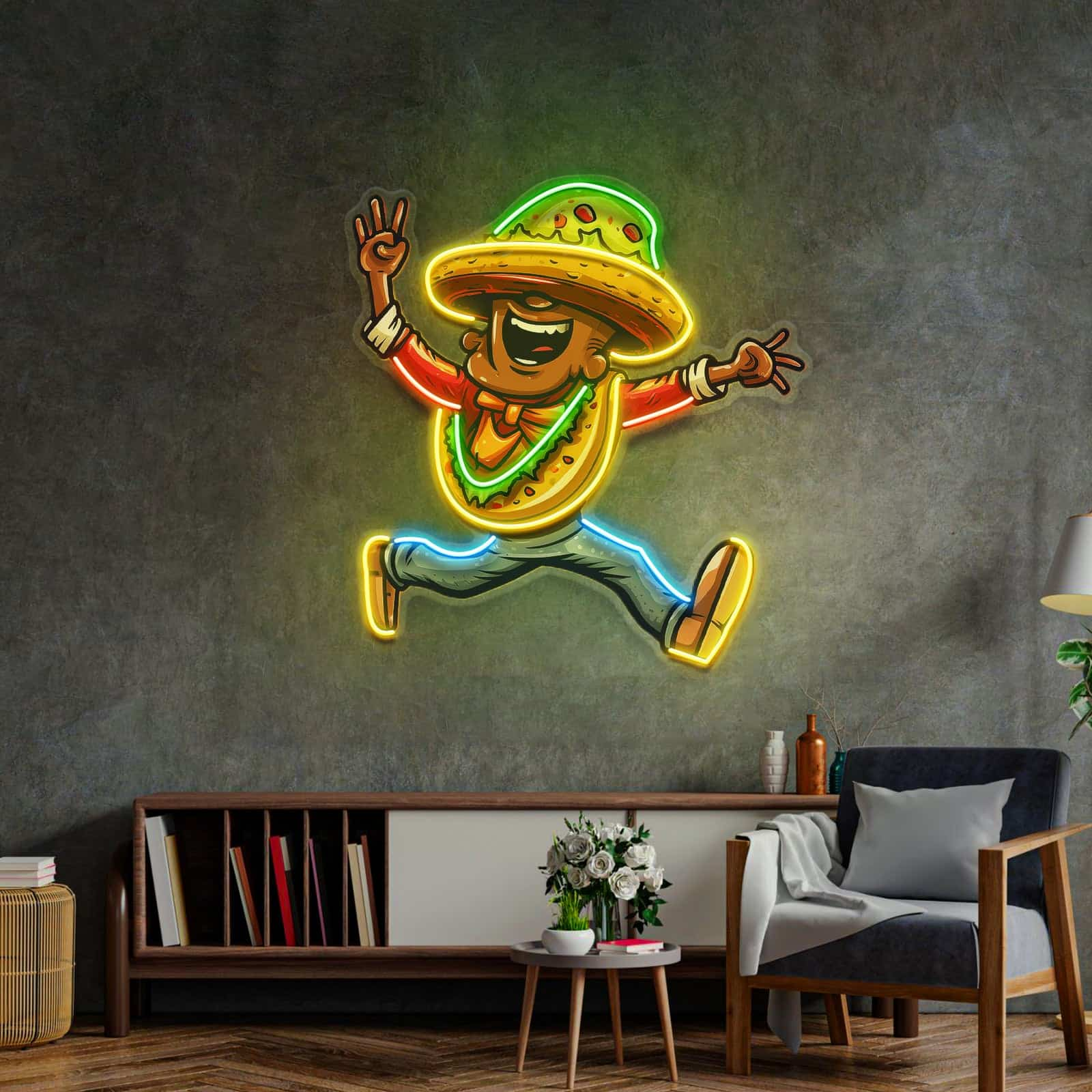 Taco Costume Neon Sign Playful Character Design for Mexican Restaurants Kitchens Bars