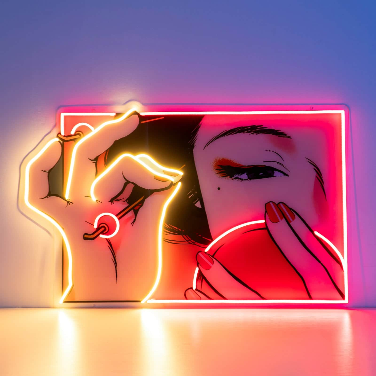 Artistic Neon Sign with Mysterious Woman and OK Gesture Vibrant Red Backdrop for Contemporary and Thought-Provoking Spaces