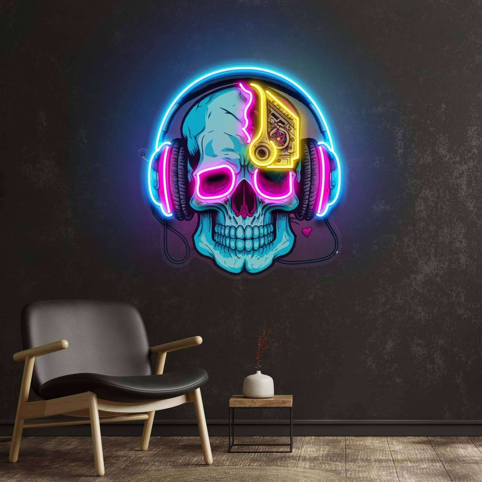 Skull & Headphones Neon  Sign ¨C Futuristic Eye Patch Design for Game Rooms, Music Studios, & Bars