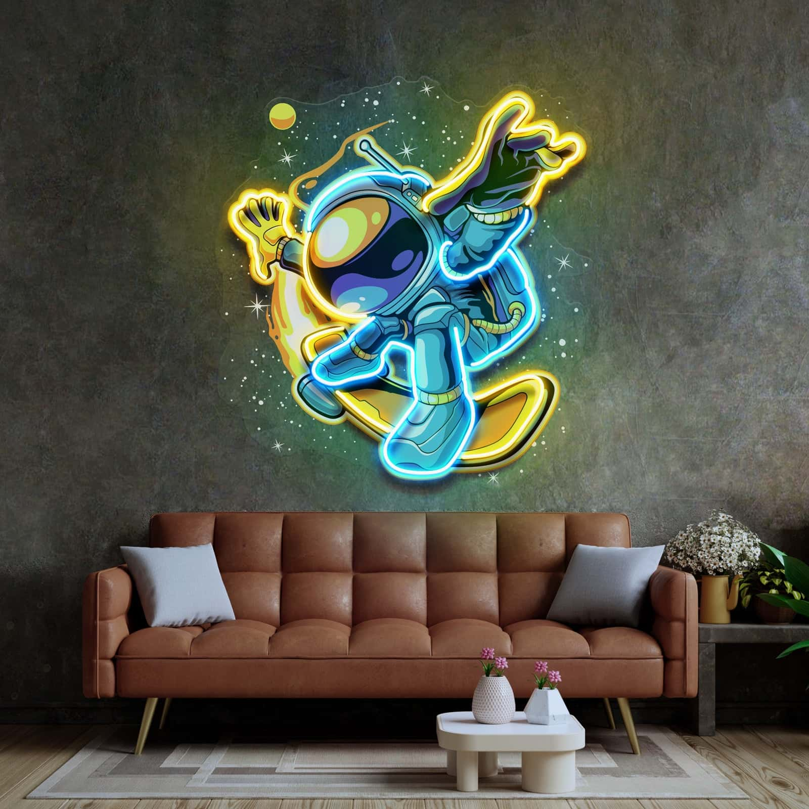 Cartoon Astronaut Neon Sign – Vibrant Yellow, Blue & Green LED Art for Kids' Rooms, Play Areas, and Themed Decor