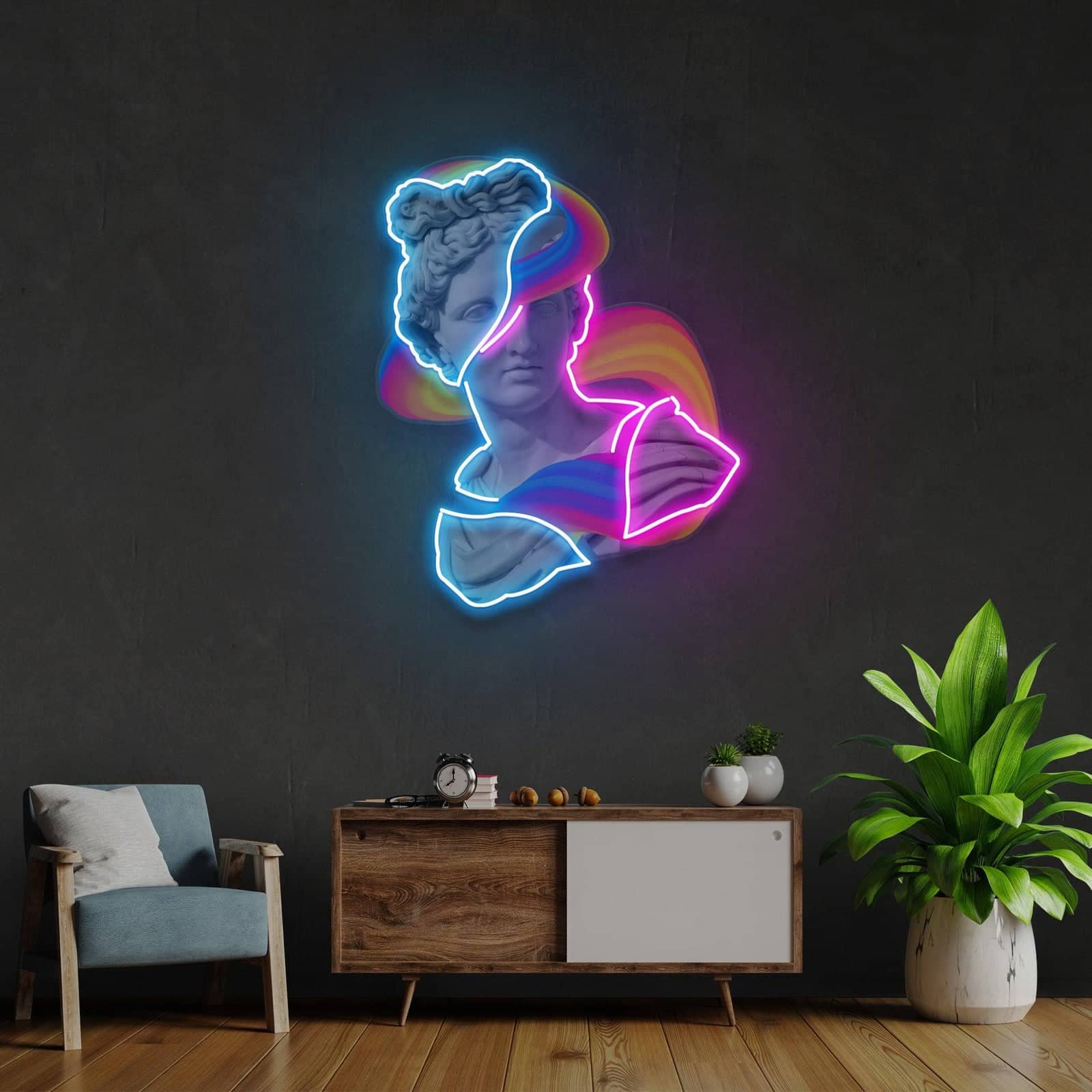 Fusion Art Neon Sign: Fragmented Statue Bust in Vibrant Colors ¨C Perfect for Studios, Living Rooms, and Creative Spaces