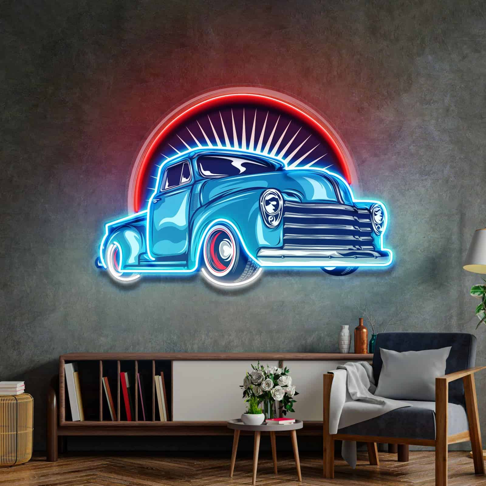 Retro Blue Truck Neon Sign, Classic Sunburst Backdrop – Perfect for Garages, Man Caves, Bars, and Living Rooms