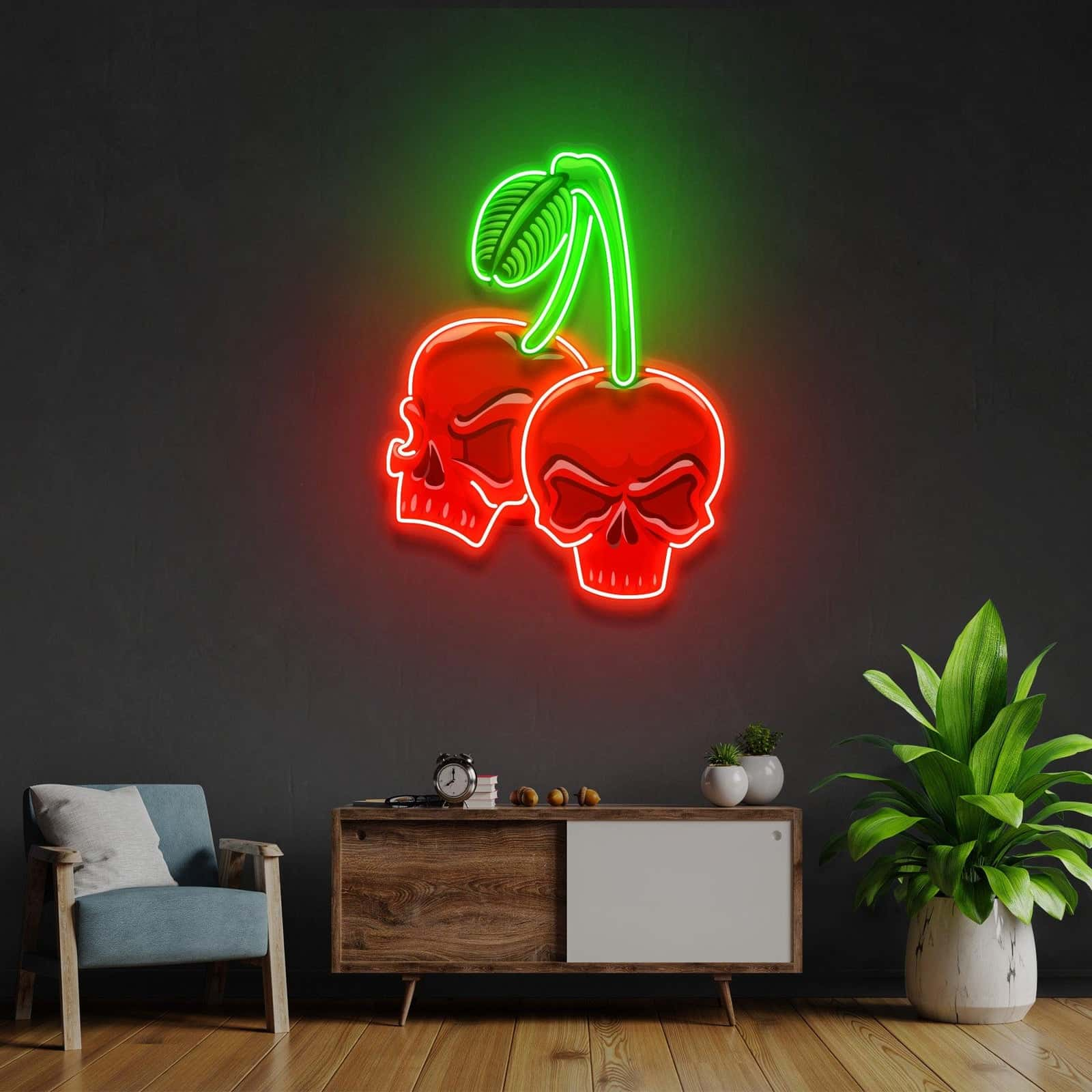 Edgy Cherry Skull Neon Sign Vibrant Red and Green Design Perfect for Bars Game Rooms Tattoo Parlors and Creative Studios