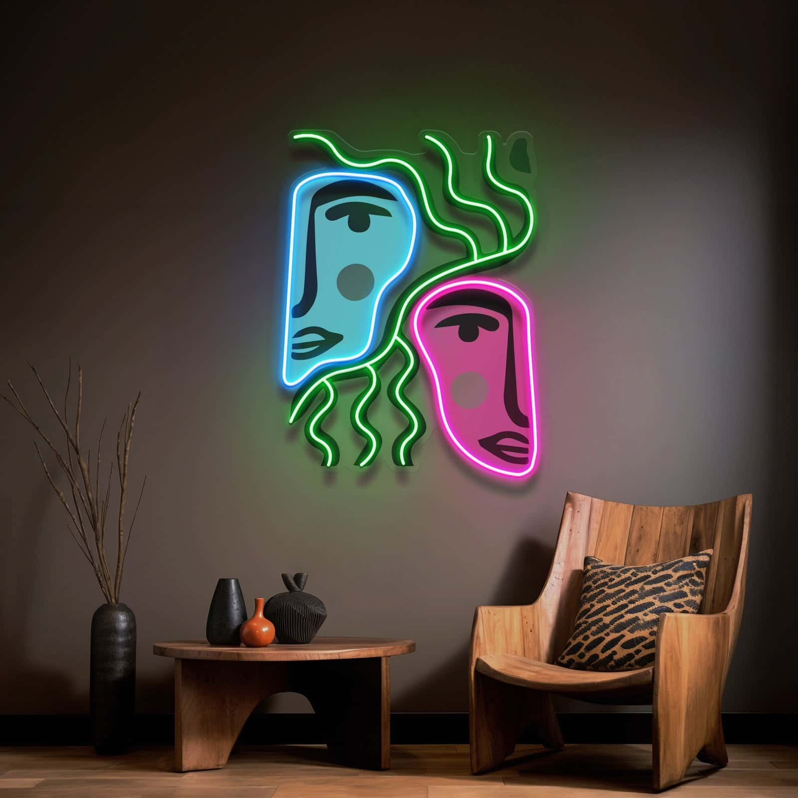 Abstract Faces Neon Sign – Modern Artistry & Vibrant Colors for Living Rooms, Studios, Cafes, & Galleries