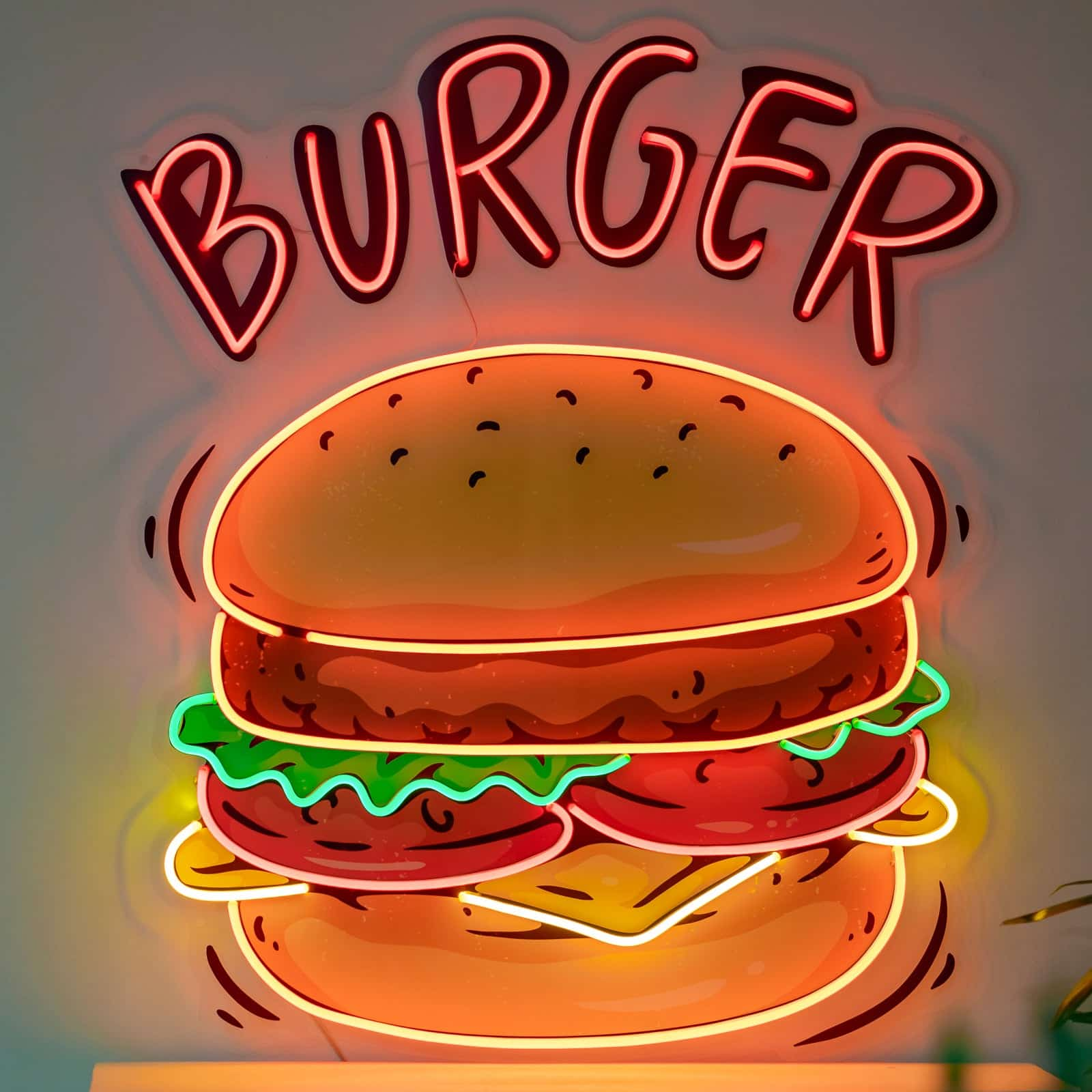 Vibrant Burger Neon Sign Playful Design for Diners Cafes Kitchens