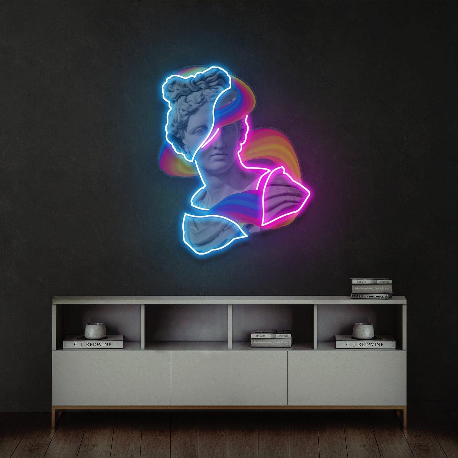 Fusion Art Neon Sign: Fragmented Statue Bust in Vibrant Colors – Perfect for Studios, Living Rooms, and Creative Spaces