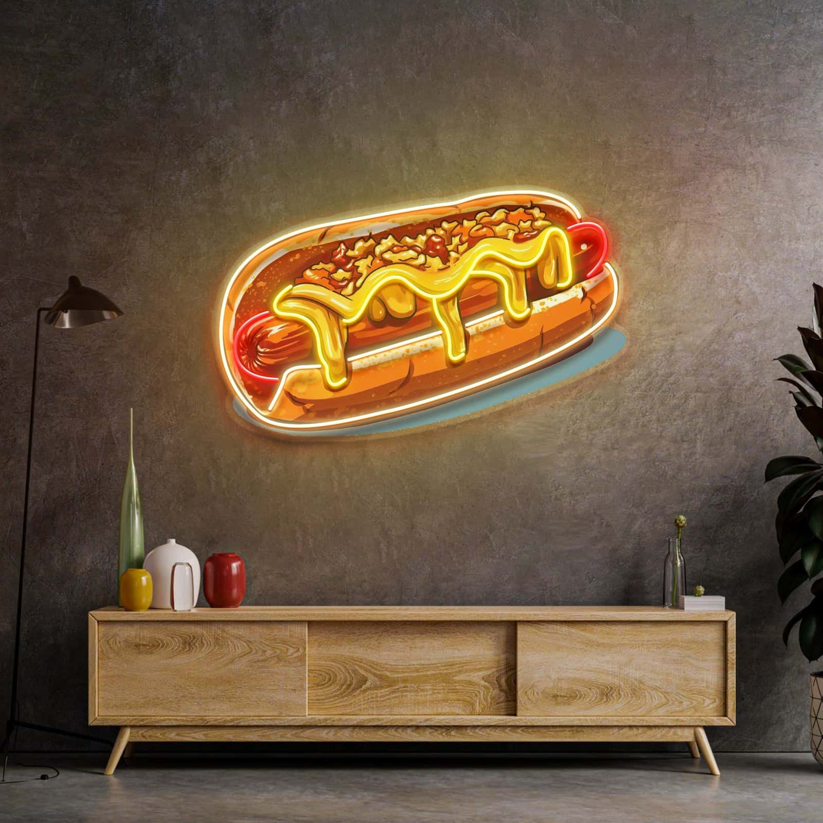 Hot Dog Neon Sign Fun Design with Mustard and Relish for Diners Cafes Kitchens