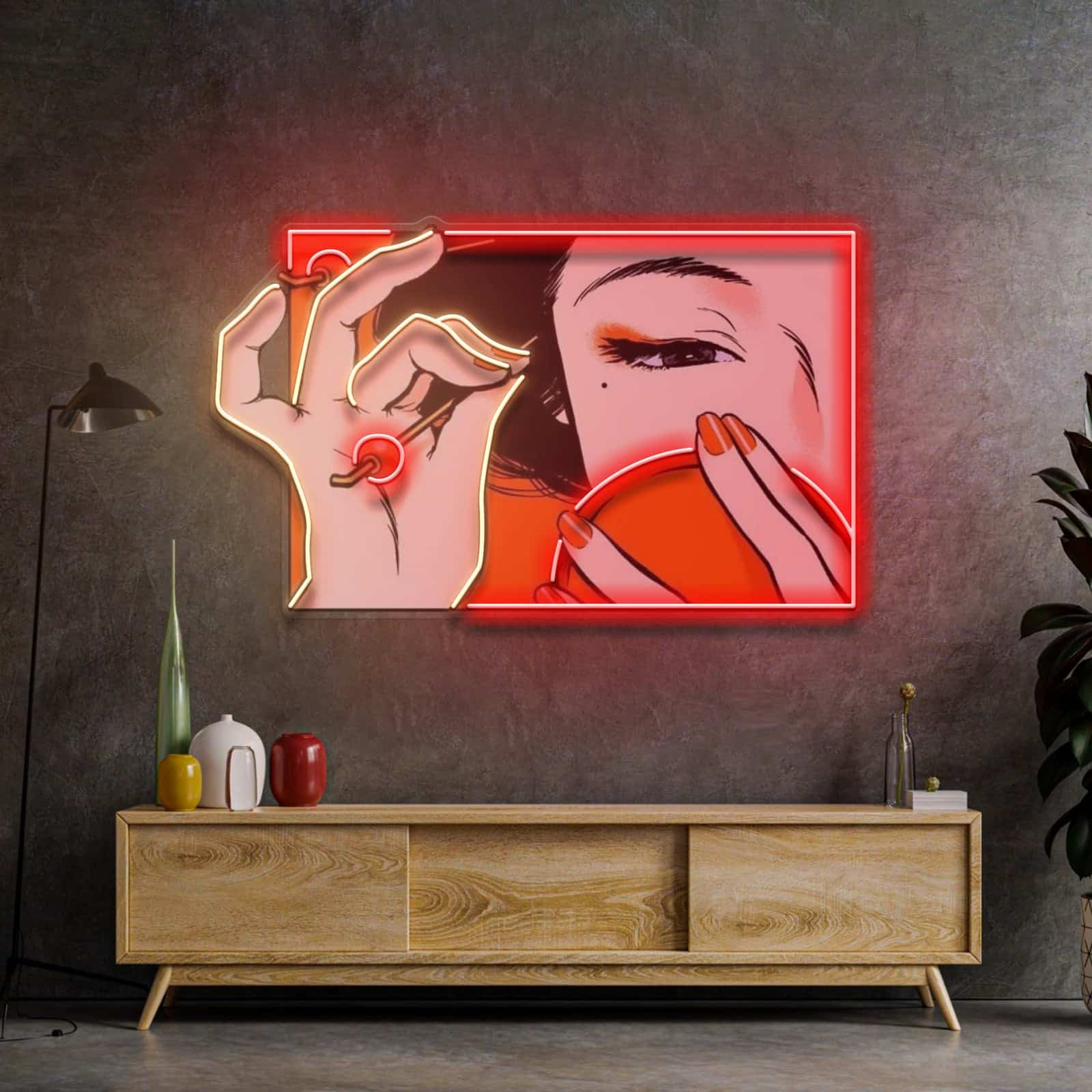 Artistic Neon Sign with Mysterious Woman and OK Gesture Vibrant Red Backdrop for Contemporary and Thought-Provoking Spaces