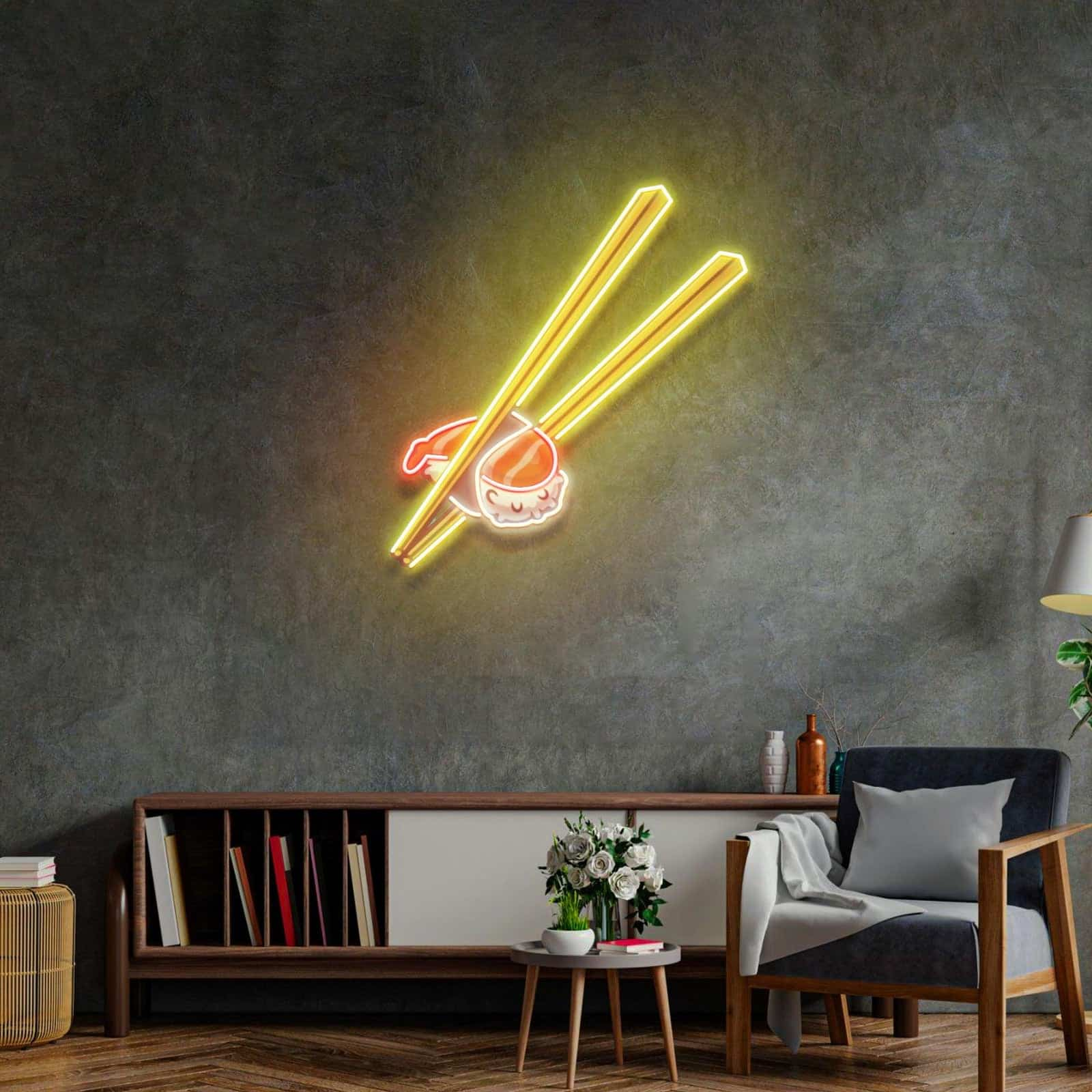 Sushi with Chopsticks Neon Sign – Striking Red and Yellow LED Art for Themed Rooms, Fantasy Decor, and Creative Spaces