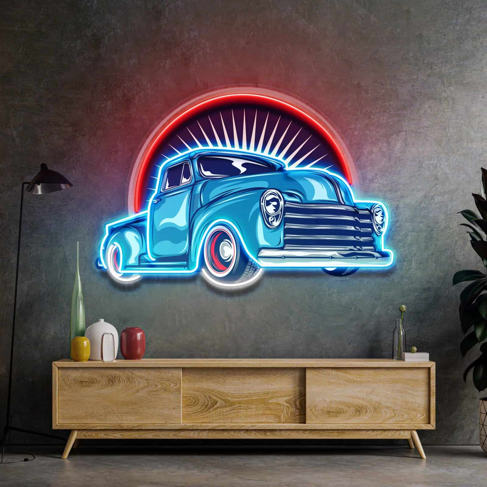 Retro Blue Truck Neon Sign, Classic Sunburst Backdrop – Perfect for Garages, Man Caves, Bars, and Living Rooms