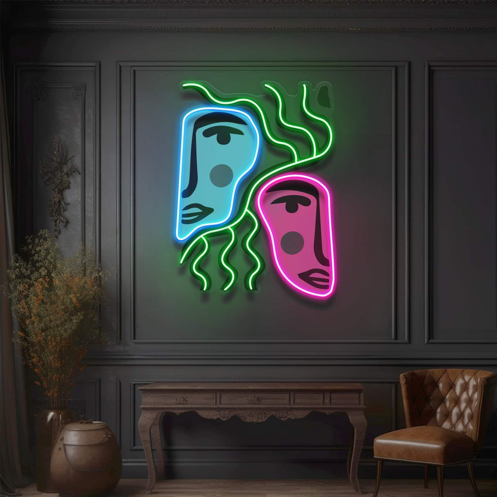 Abstract Faces Neon Sign – Modern Artistry & Vibrant Colors for Living Rooms, Studios, Cafes, & Galleries