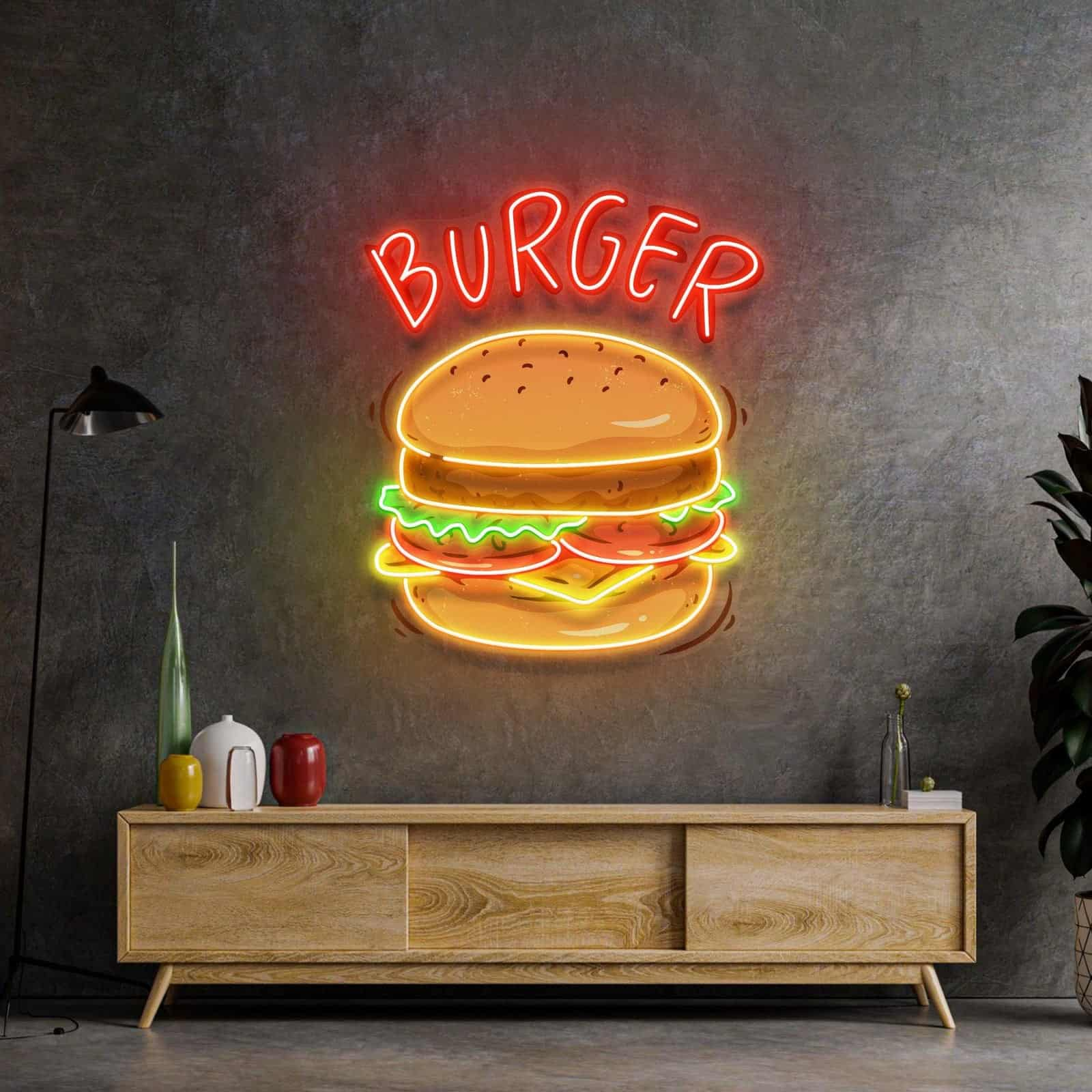 Vibrant Burger Neon Sign Playful Design for Diners Cafes Kitchens