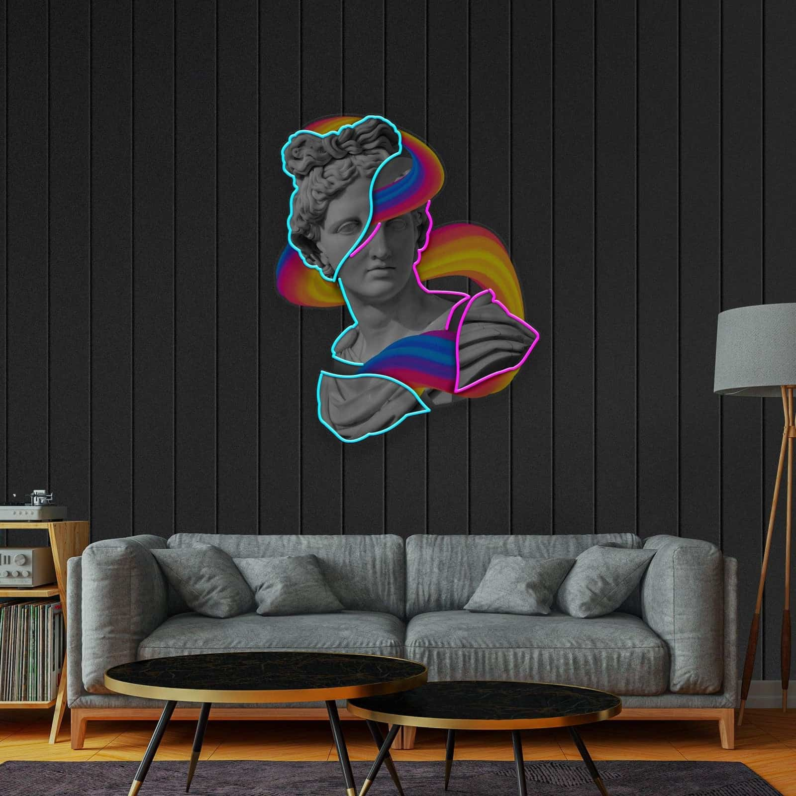 Fusion Art Neon Sign: Fragmented Statue Bust in Vibrant Colors – Perfect for Studios, Living Rooms, and Creative Spaces