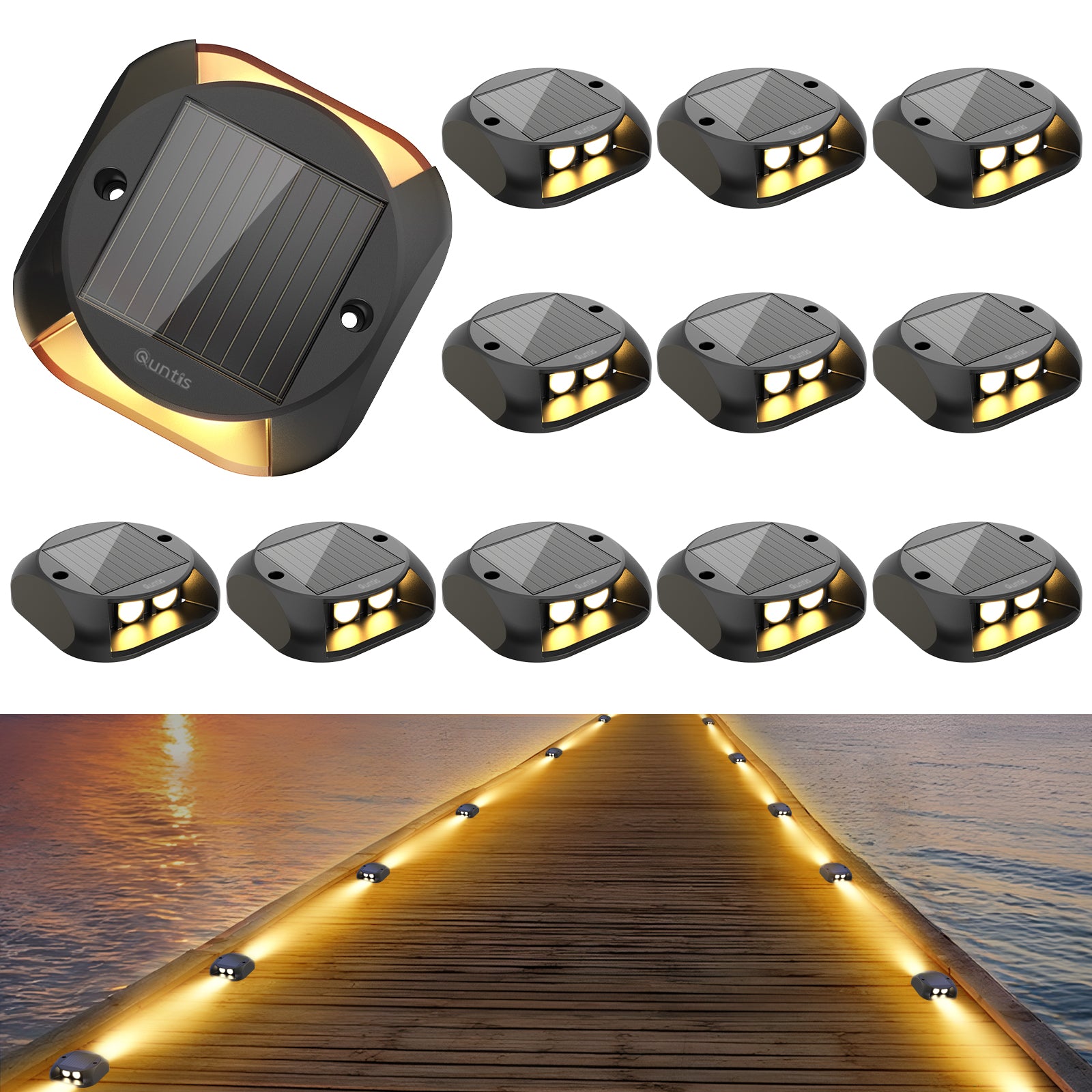 Quntis Solar Lights for Deck Steps, Two-Way LED Dusk to Dawn Stair Lights, IP65 Waterproof Outdoor Solar Lights for Garden Pathway Lawn Patio Walkways Sidewalk Front Door Driveway, Warm White