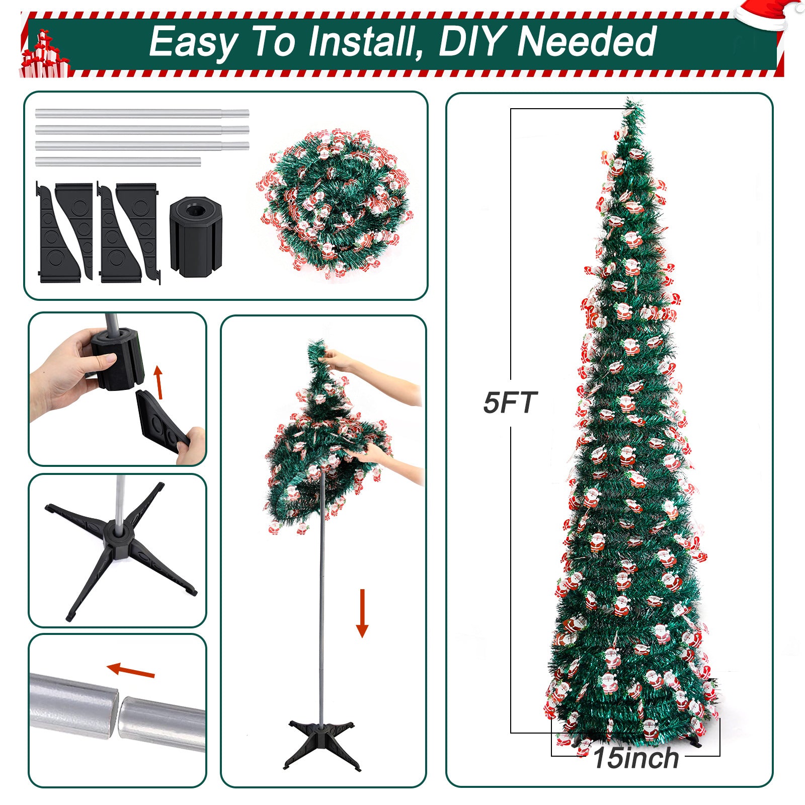 2024 New Madder Christmas Tree, Collapsible Pre-lit Pencil Christmas Tree 4FT/5FT/6FT, PVC Pre-lit Xmas Decoration Tree