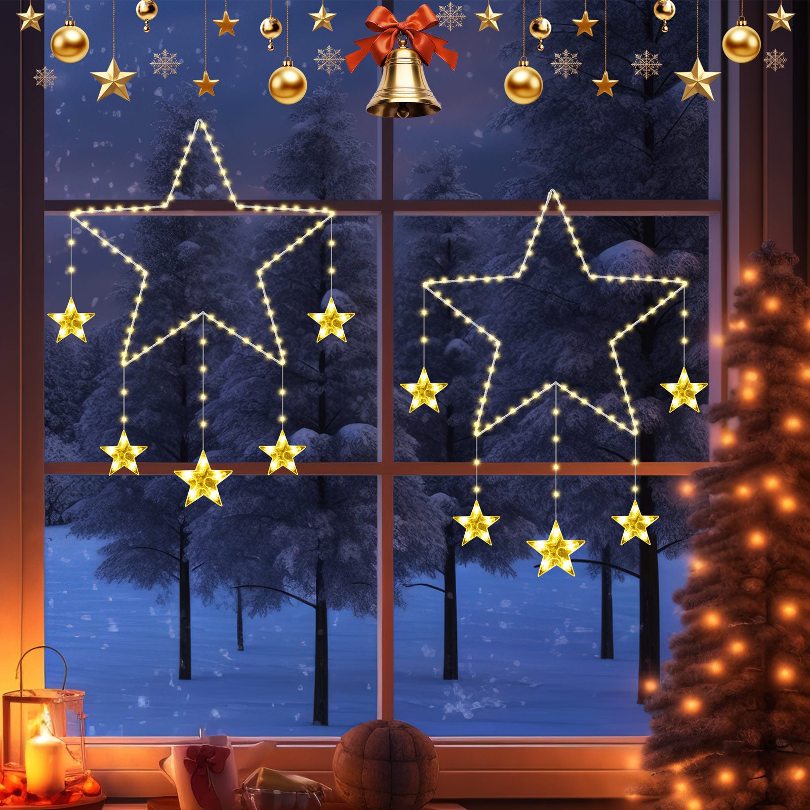 Quntis 2Pcs 37.5" Luces de Ventana de Navidad Grandes, 84LED 12 Estrellas, Luces de Estrella Parpadeantes a Batería con Temporizador, 8 Modos, Decoración Navideña Blanca Cálida