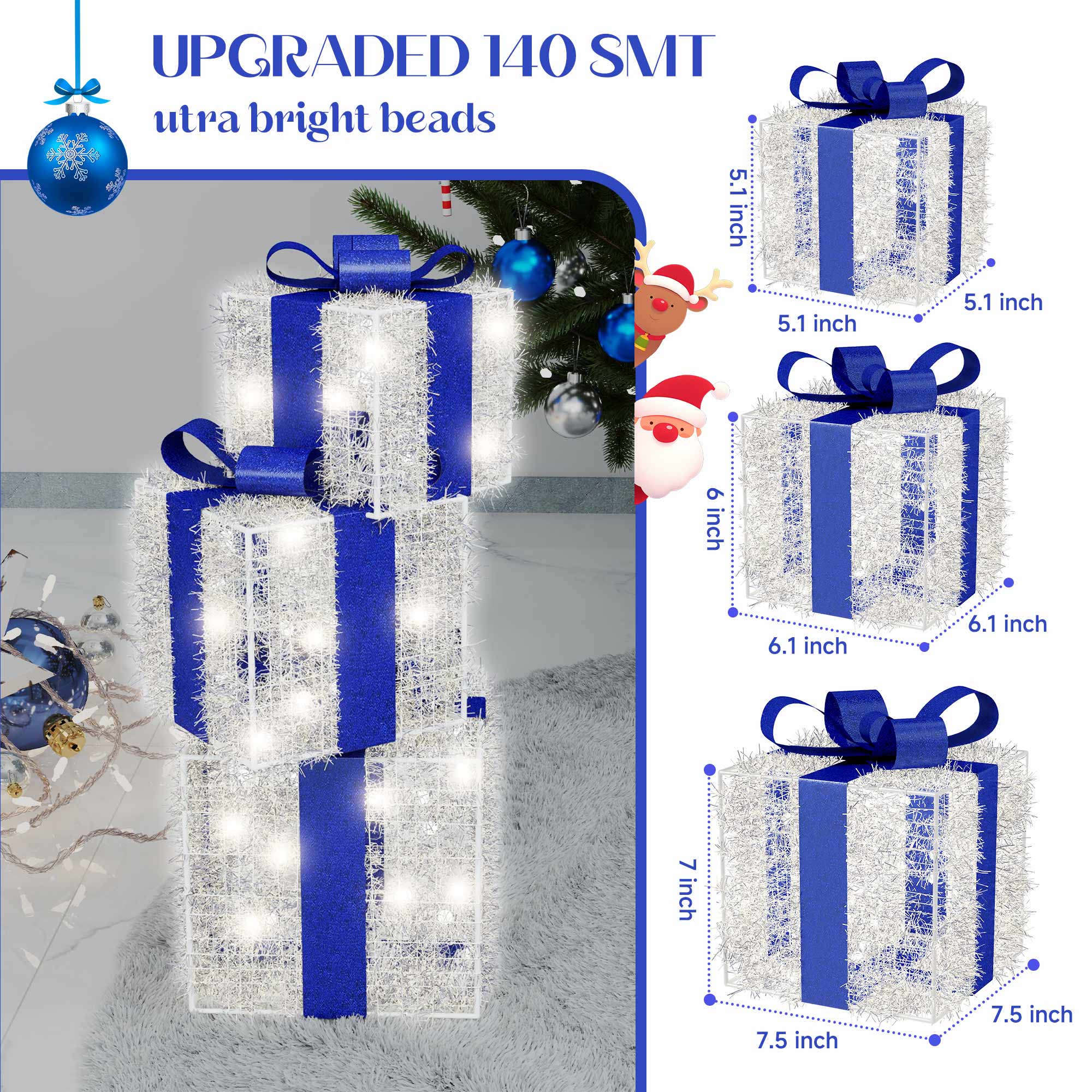 Blue Christmas Lighted Gift Boxes, 140 LEDs, Set of 3 – 8 Modes & Timer Function for Indoor/Outdoor Holiday Decor