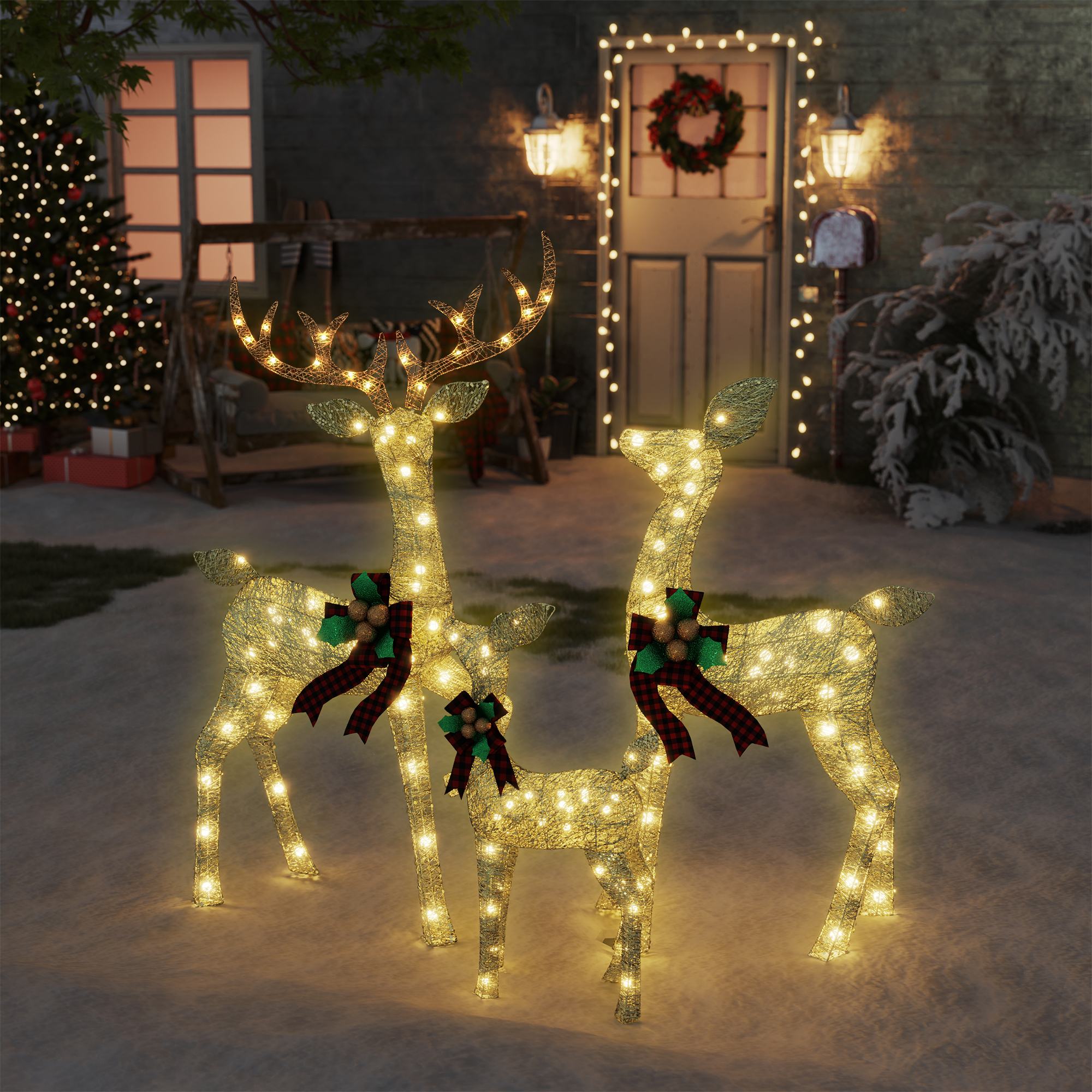 Set di Renne di Natale Illuminato – Decorazione da Giardino Esterno in 3 Pezzi con 210 Luci LED, Picchetti e Cavo di Estensione