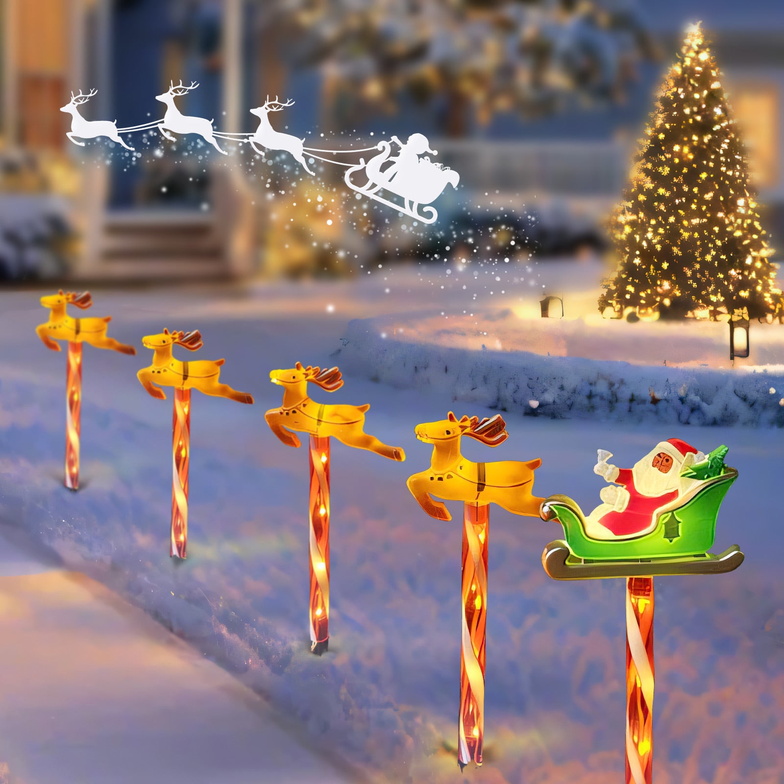 Solar LED Christmas Reindeer & Santa Sleigh Outdoor Stake Lights ¨C Festive Garden and Yard Decor