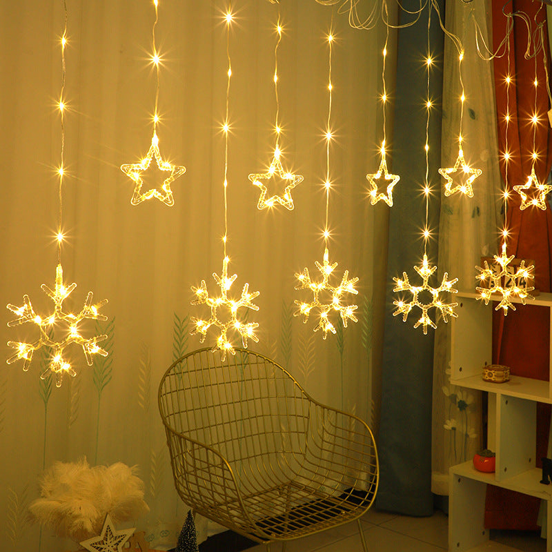 Luzes de Cortina de Natal em LED com Flocos de Neve e Renas – Luzes de Decoração para Quarto e Pátio, Conjunto de Luzes de Cortina 5+5, 3 metros de comprimento