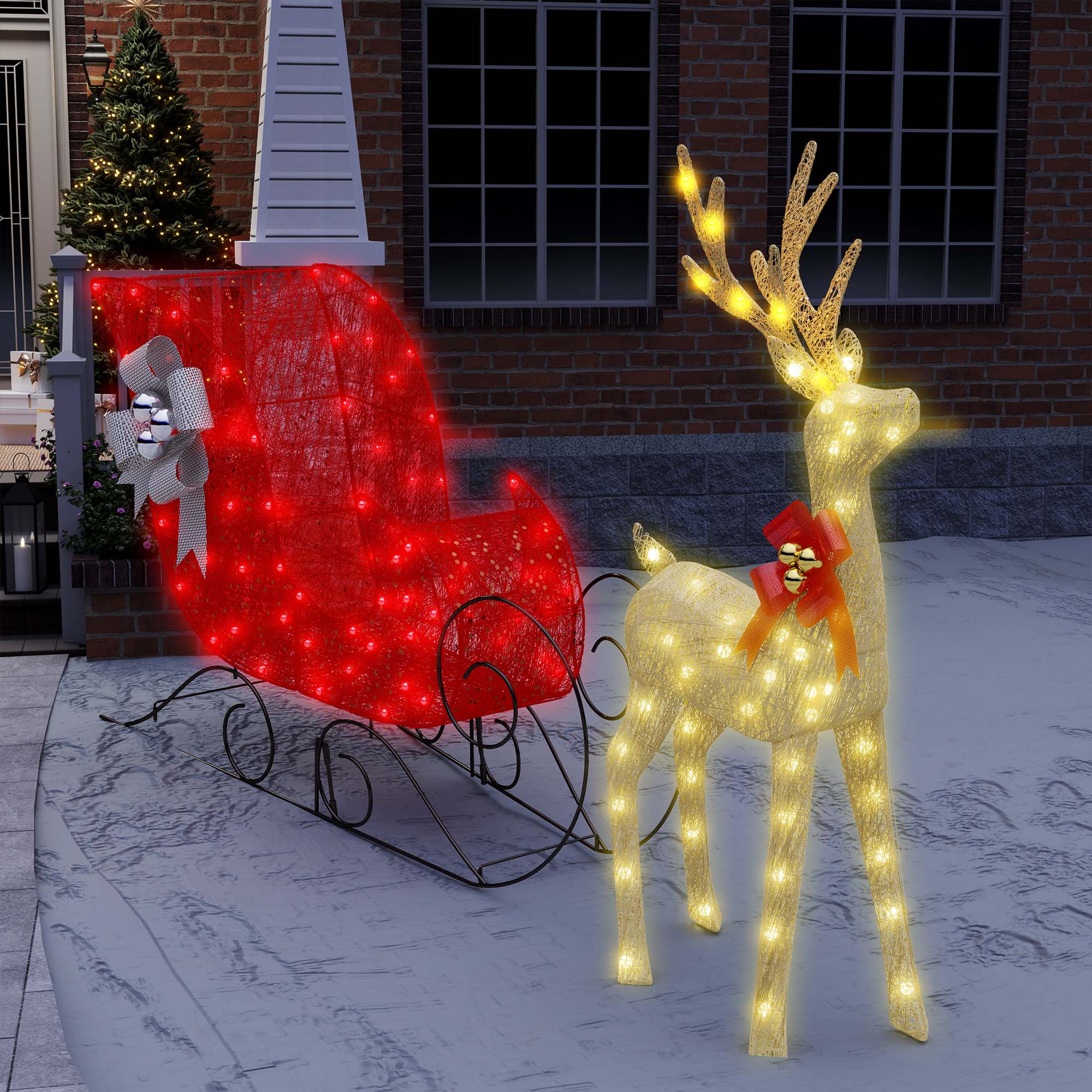 Ensemble de rennes et traîneau de Noël éclairés – Décor extérieur LED pour affichages festifs dans le jardin et scènes de merveille des fêtes