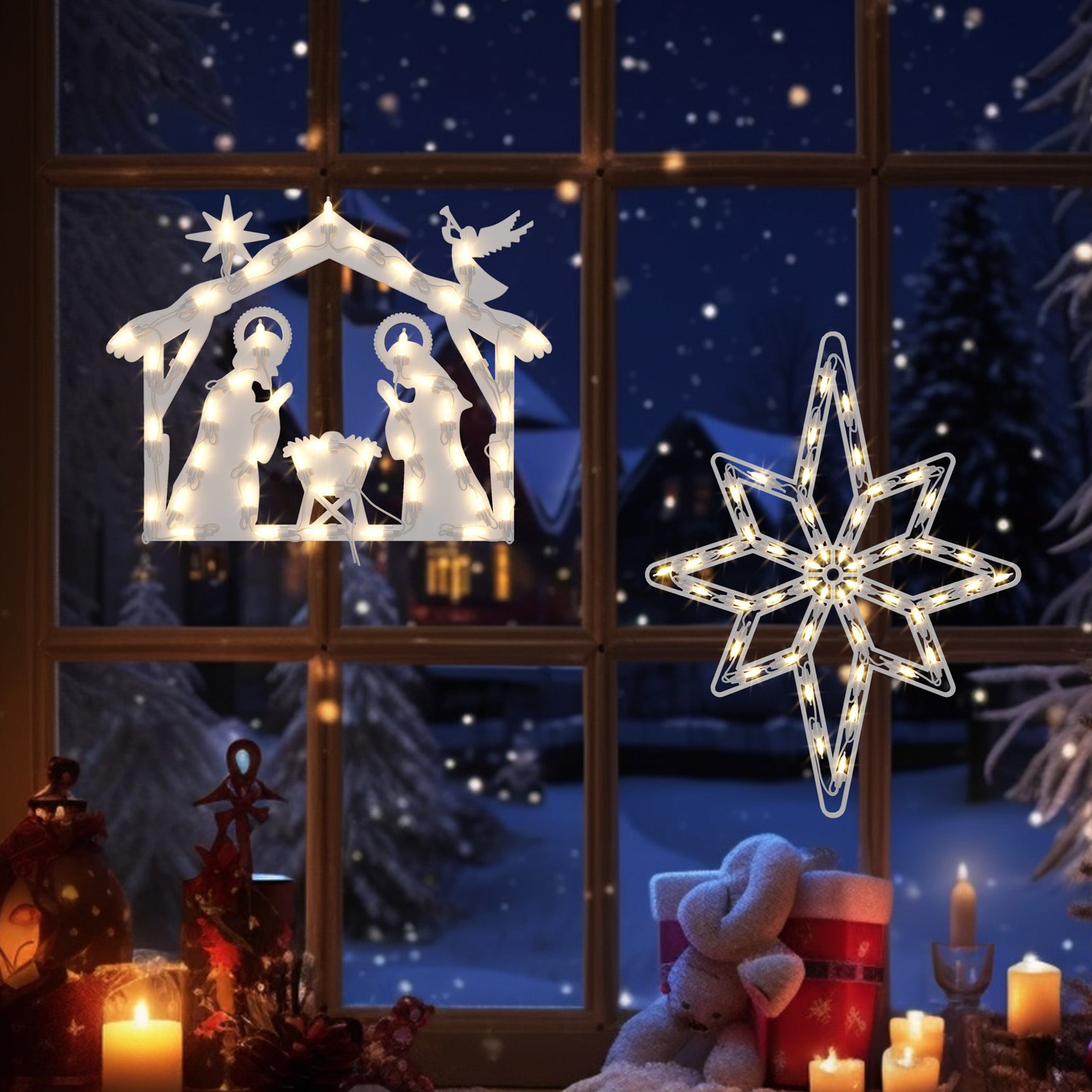 Quntis Luces de Ventana de Navidad – Paquete de 2 Escenas de Natividad y Estrella de Belén, Decoraciones Iluminadas para Ventana, Pared y Decoración Navideña