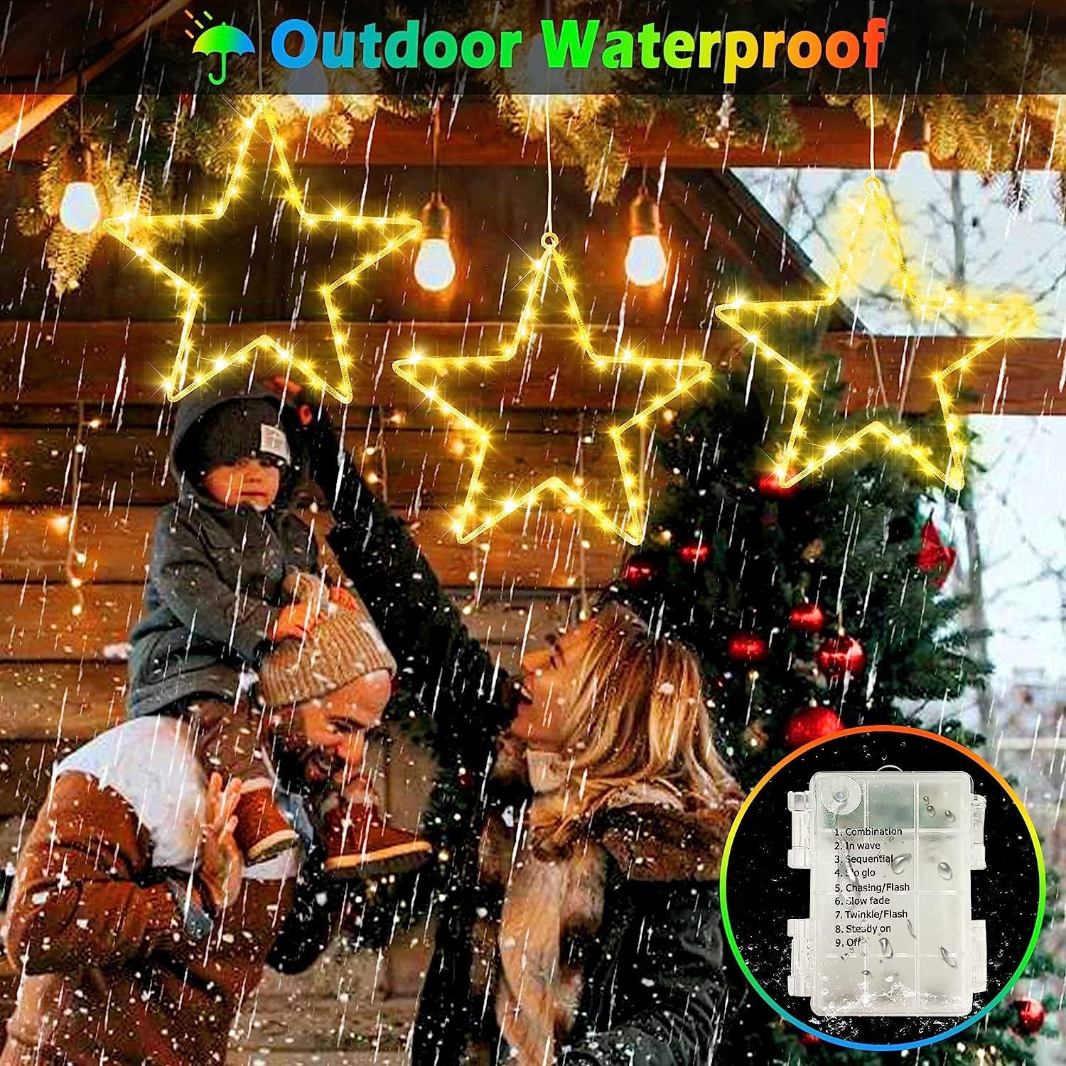 Quntis Christmas Window Lights, Waterproof Outdoor Holiday Decorations – Warm White Battery-Powered Set of 3 for Tree, Porch & Party Decor