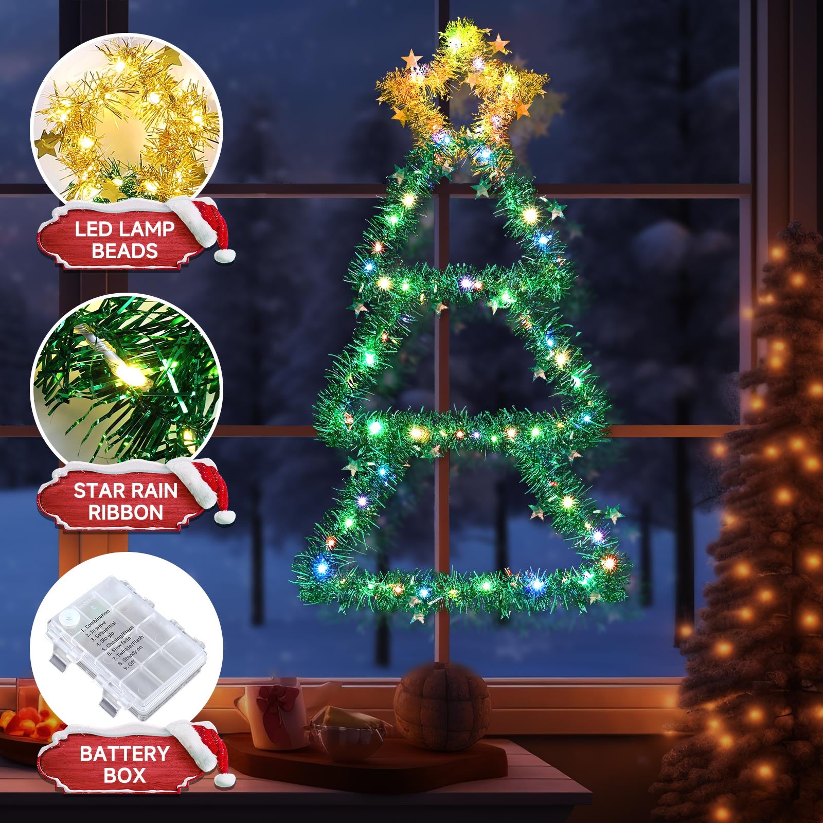 Quntis Metal Christmas Tree with Lights – Color Changing Battery-Powered Christmas Window Lights (30 x 14 Inches), 8 Modes & Timer, Foldable Wall Hanging Holiday Decor for Indoor/Outdoor Use