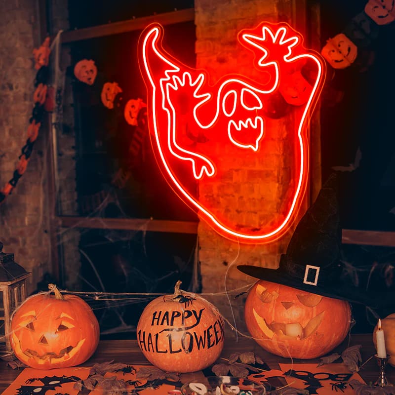 Playful Spooky Ghost Neon Sign – Bright Red Glow for Halloween and Year-Round Festive Decor