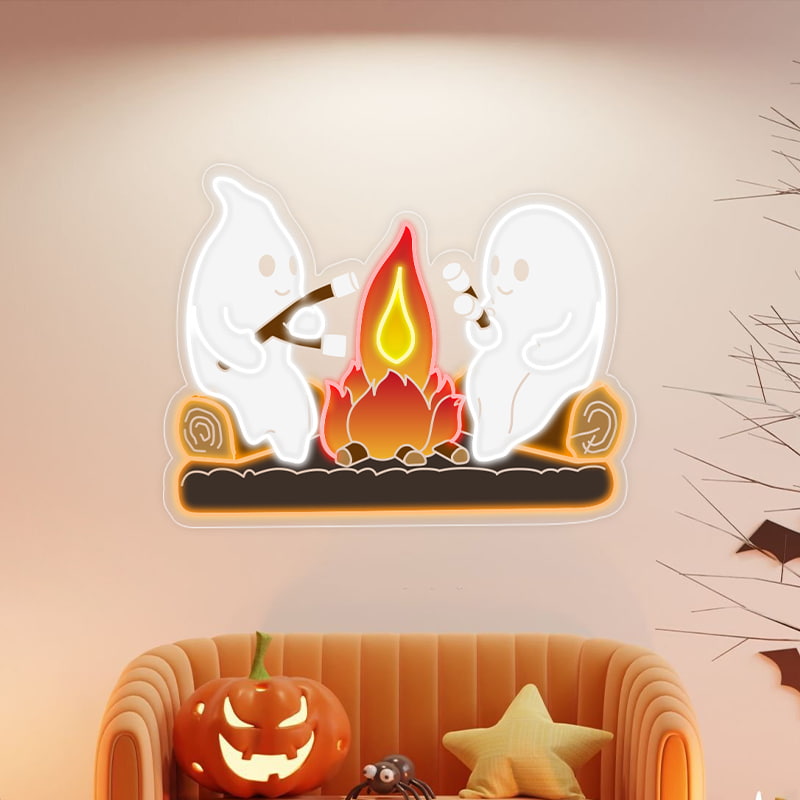 Ghosts by the Campfire Neon Sign – Cozy and Playful Halloween LED Decor with Marshmallow Toasting Ghosts