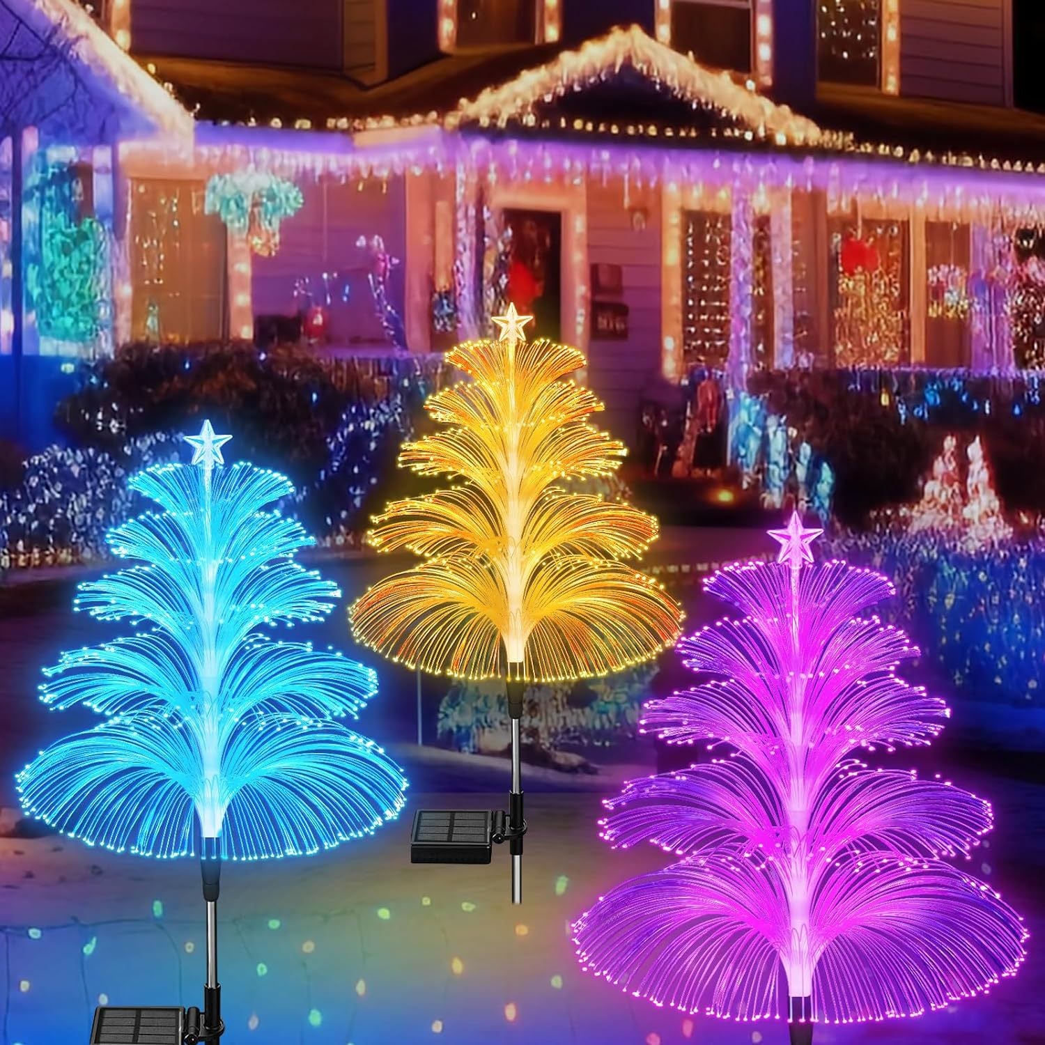 Quntis Solar 5-Layer Fiber Optic Fountain Lights – 4er-Pack wasserdichte Outdoor-Weihnachtsdekoration, LED 5-Layer Fiber Rasenlichter für festliche Atmosphäre