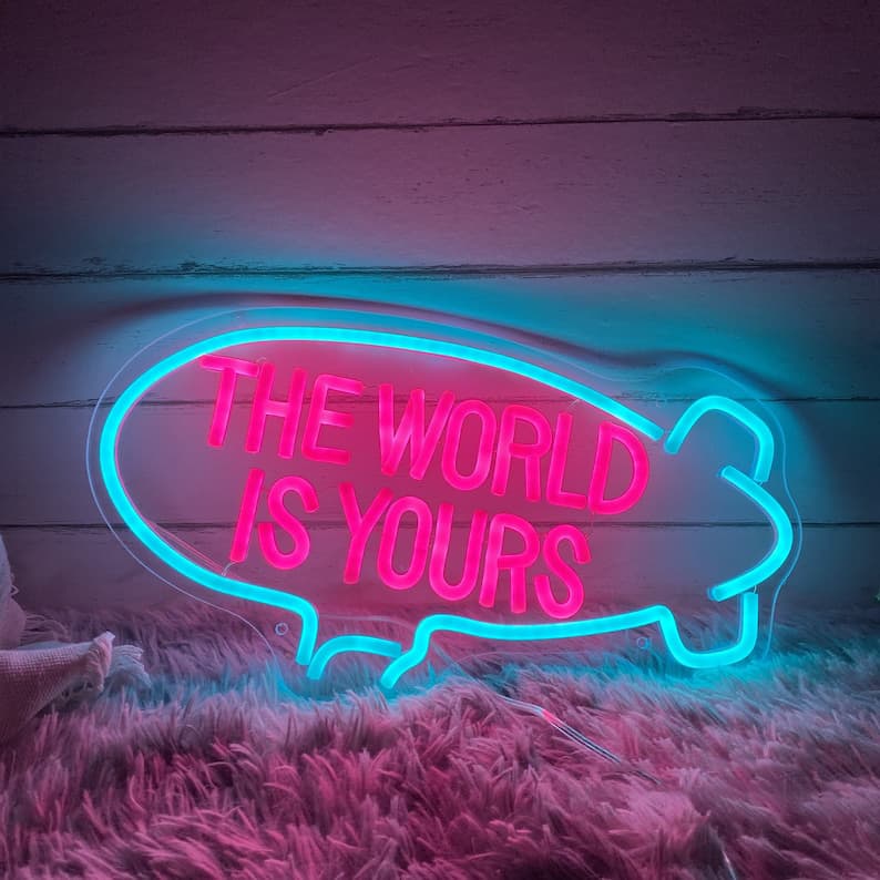 The World Is Yours" Neon Sign in Brilliant Blue – Inspirational Light for Motivational Home Offices, Study Areas, and Modern Decor