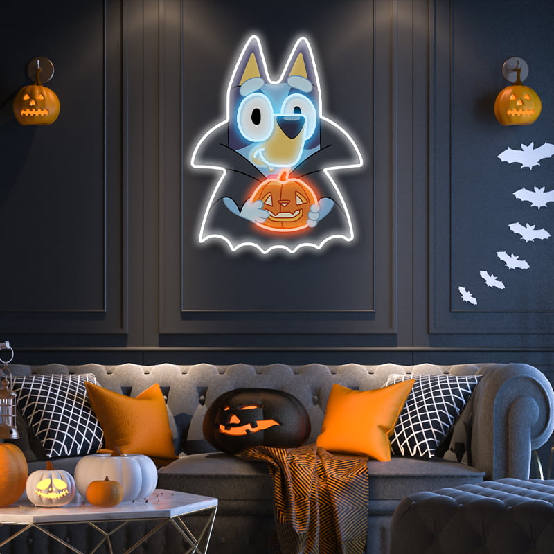 Bluey Holding Pumpkin Neon Night Light-Fun & Festive Decor for Kids' Rooms and Parties