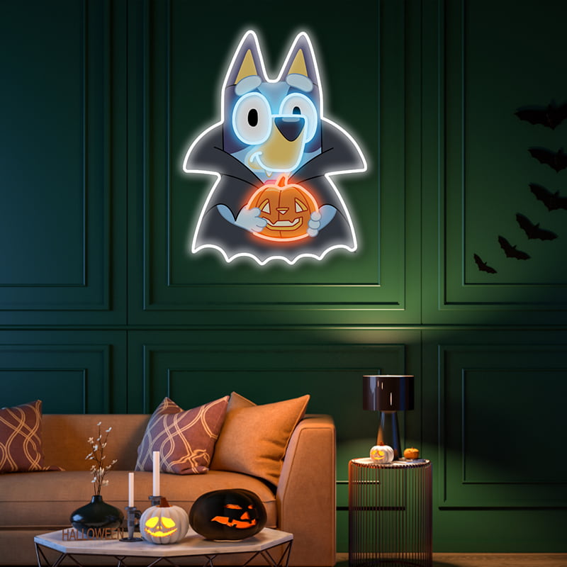 Bluey Holding Pumpkin Neon Night Light-Fun & Festive Decor for Kids' Rooms and Parties