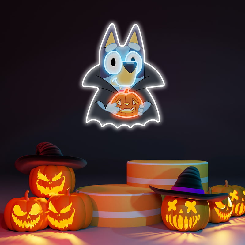 Bluey Holding Pumpkin Neon Night Light – Fun & Festive Decor for Kids' Rooms, Halloween Parties, and Playrooms