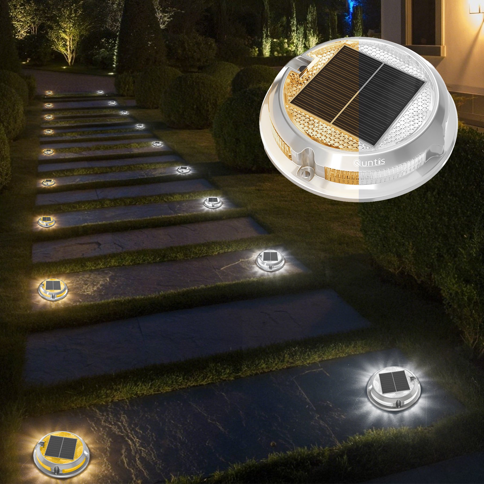 Quntis RGB Solar Deck Lights for Christmas, 11 Lighting Modes Solar Driveway Lights Outdoor Waterproof IP68, Solar Step Lights for Outside, Deck Lights Solar Powered for Stair Pathway Walkway 4 Pack