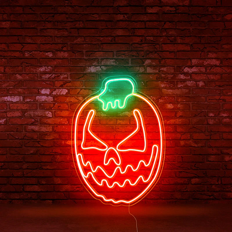 Cute Halloween Pumpkin Neon Sign ¨C Bold Red and Green Glow for Spooky Halloween Decor