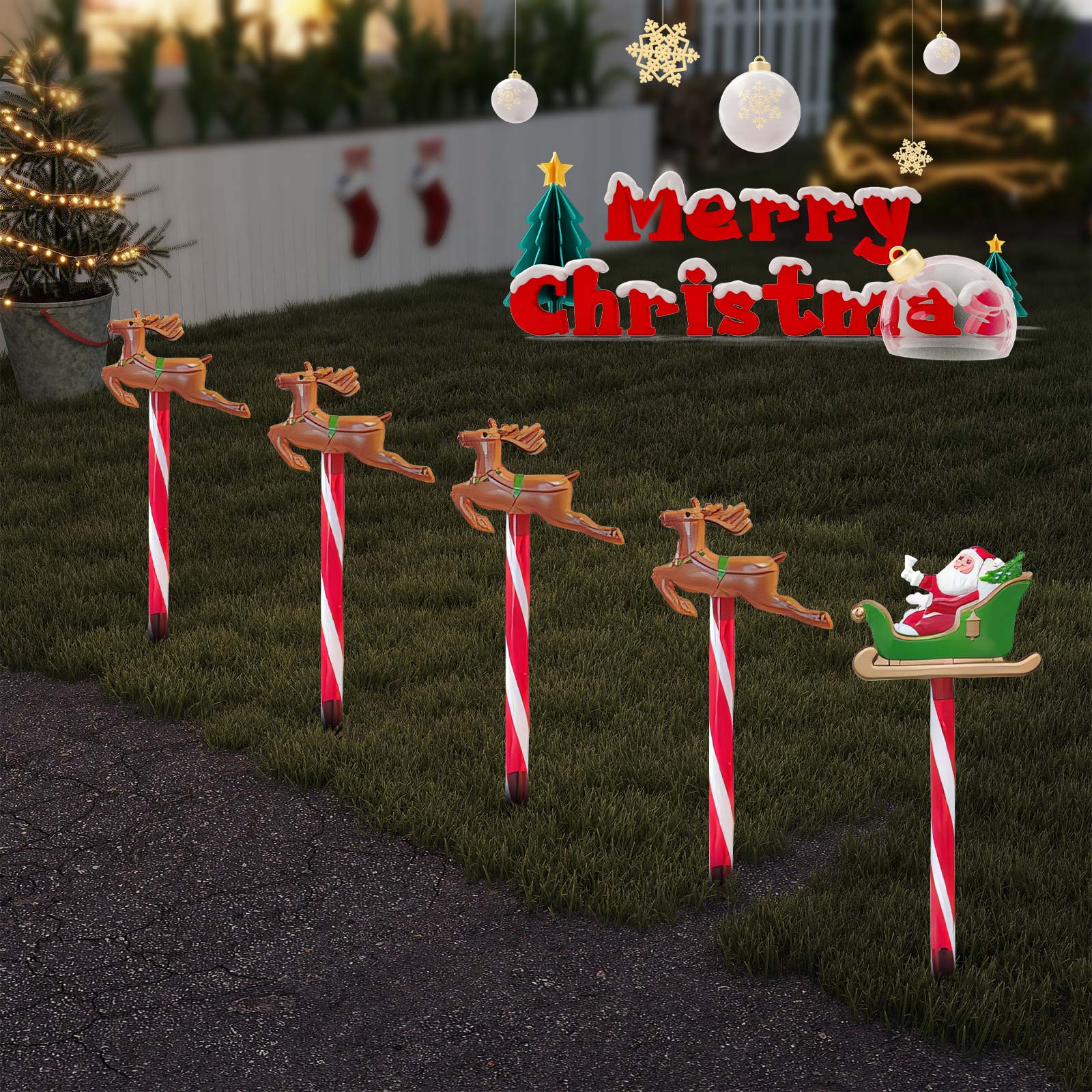 Solar LED Christmas Reindeer & Santa Sleigh Outdoor Stake Lights ¨C Festive Garden and Yard Decor