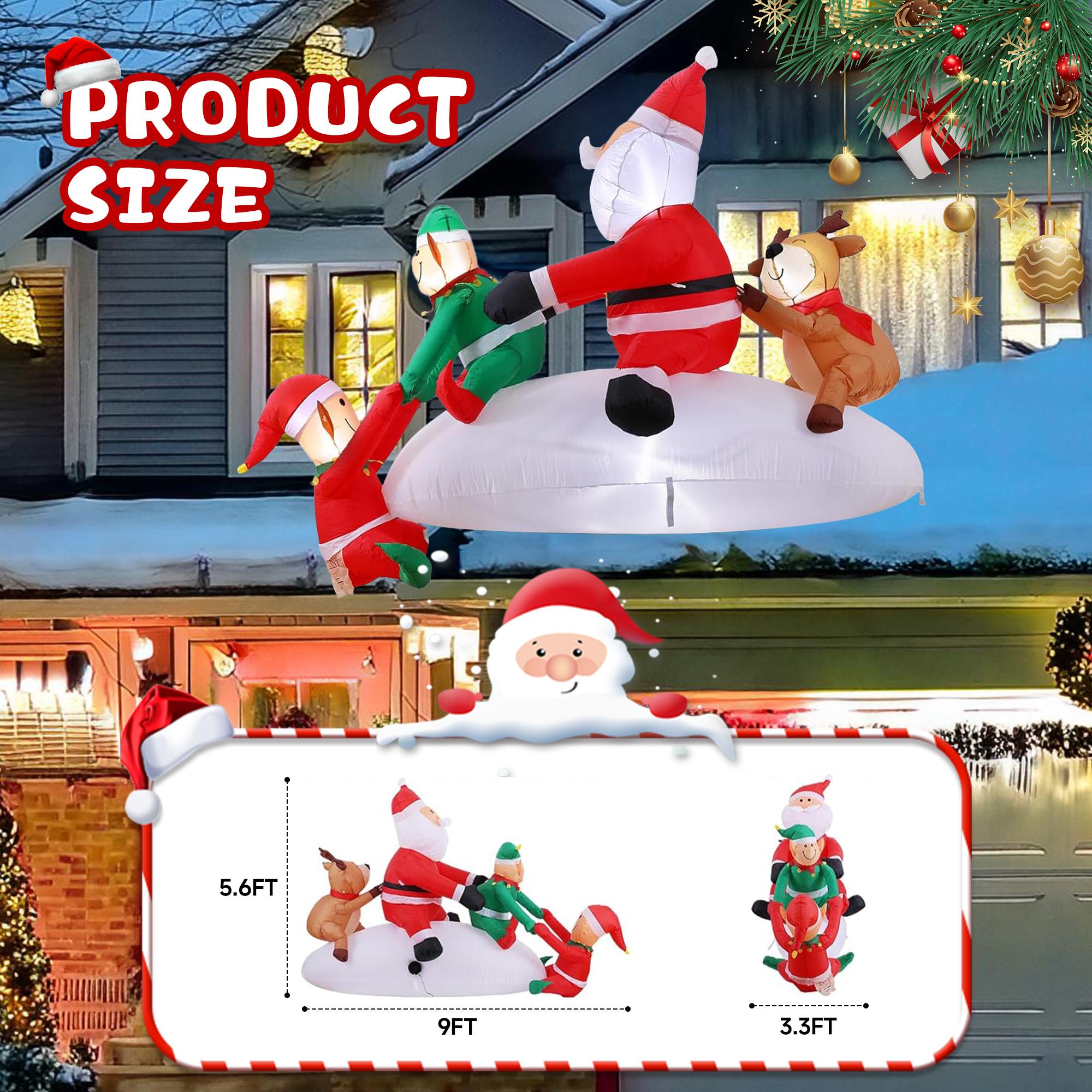 Quntis 9FT Santa Claus inflable y elfos con renos – Decoraciones navideñas inflables para exteriores para aleros y alféizares