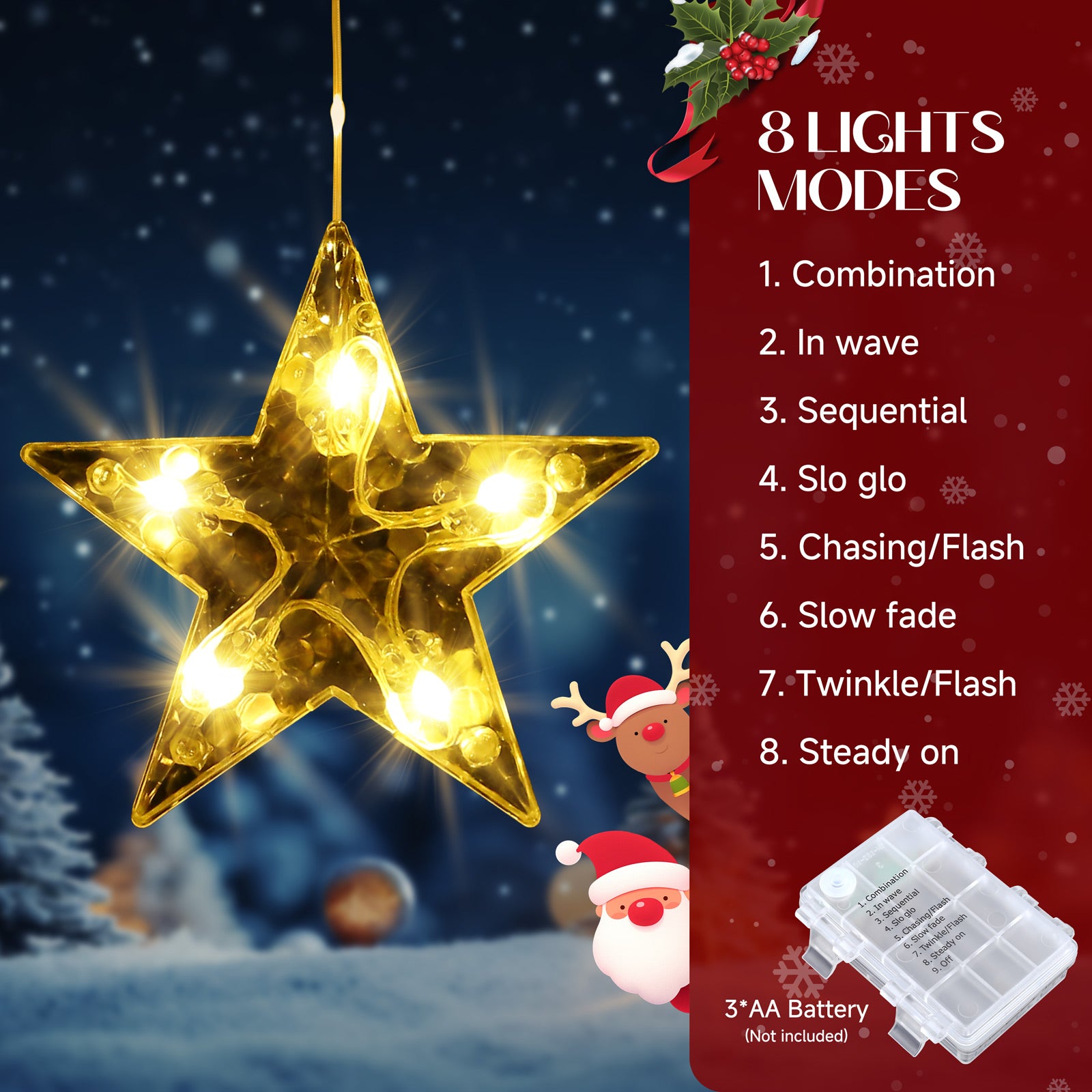 Quntis 9 Stars Warm White Xmas Lights for Windows – 8 Lighting Modes, 76 LEDs, Create a Magical Ambiance for Holiday & Christmas Decor