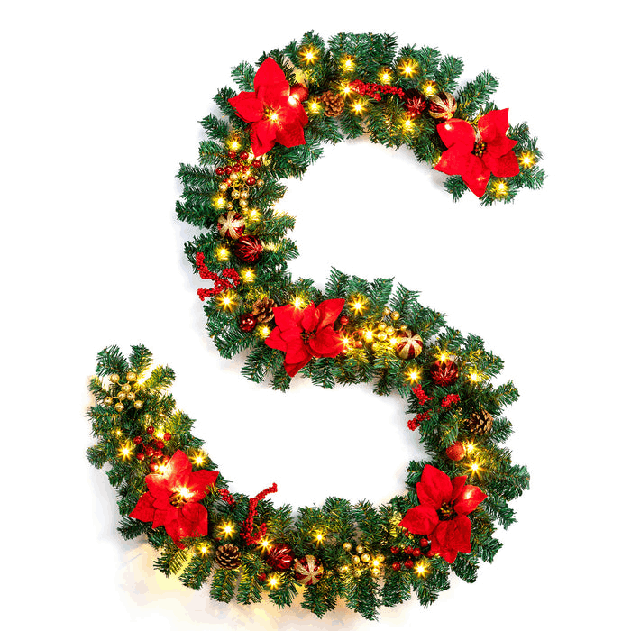 9ft Christmas Garland 50 Led Lights Timing Function Poinsettia Flowers