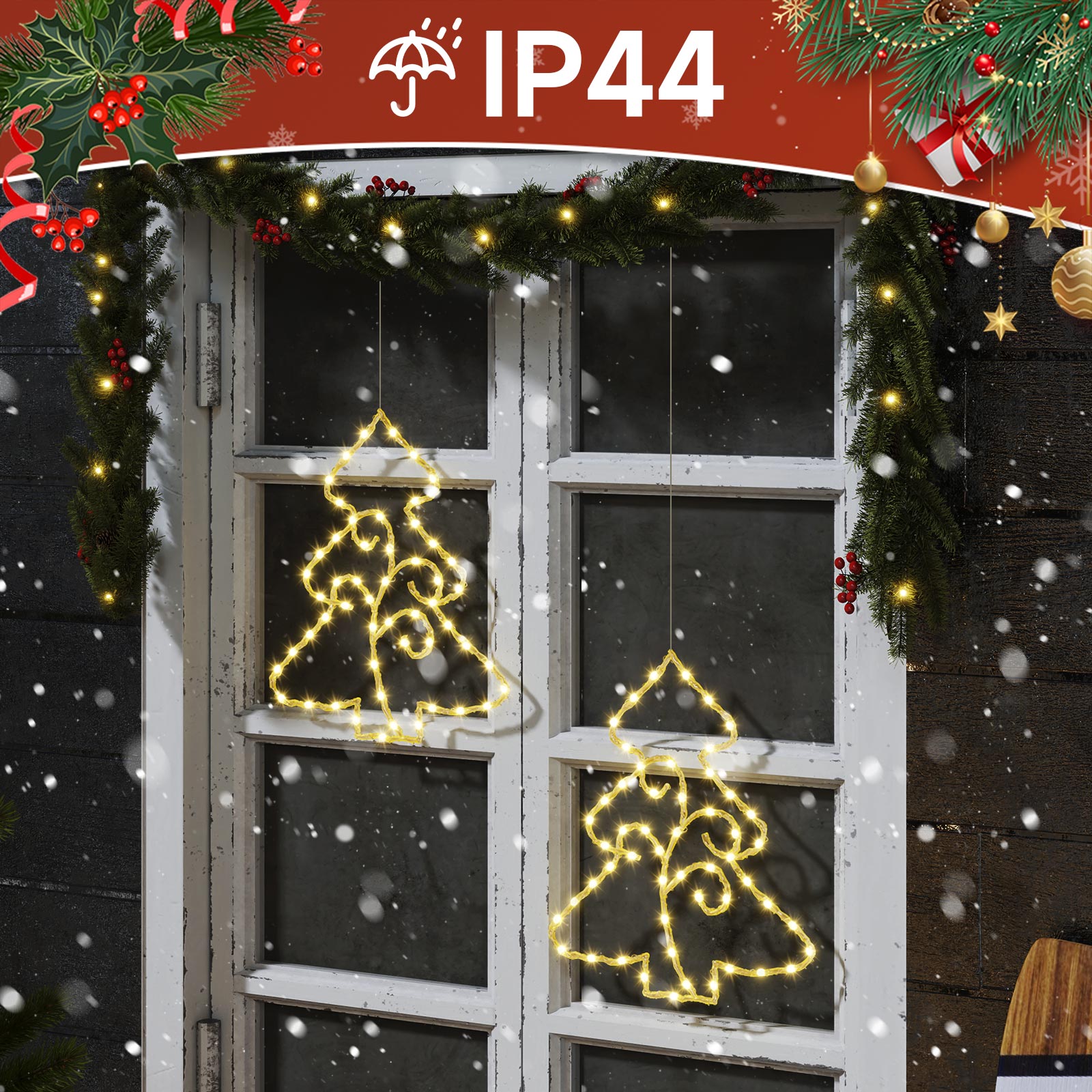 Quntis 2Pcs Luces de Ventana de Navidad, Luces de Ventana Navideñas de Cristal Brillante de 14.5in a Batería con Temporizador, 70LED Luces Colgantes de Ventana de Navidad