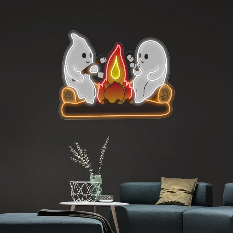 Ghosts by the Campfire Neon Sign – Cozy and Playful Halloween LED Decor with Marshmallow Toasting Ghosts